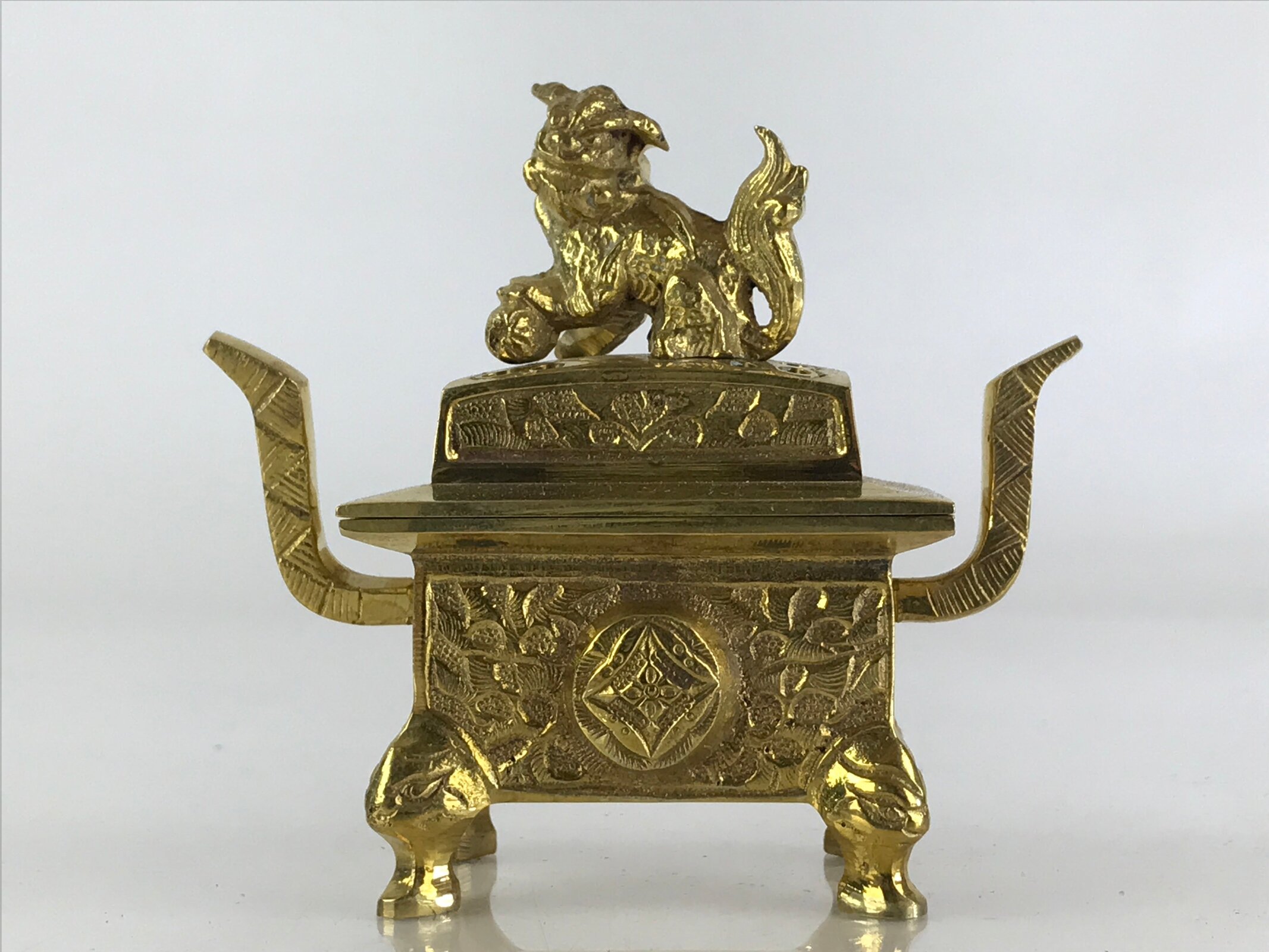 Japanese Buddhist Altar Fitting Brass Incense Burner Vtg Shishi Koro Gold BU830