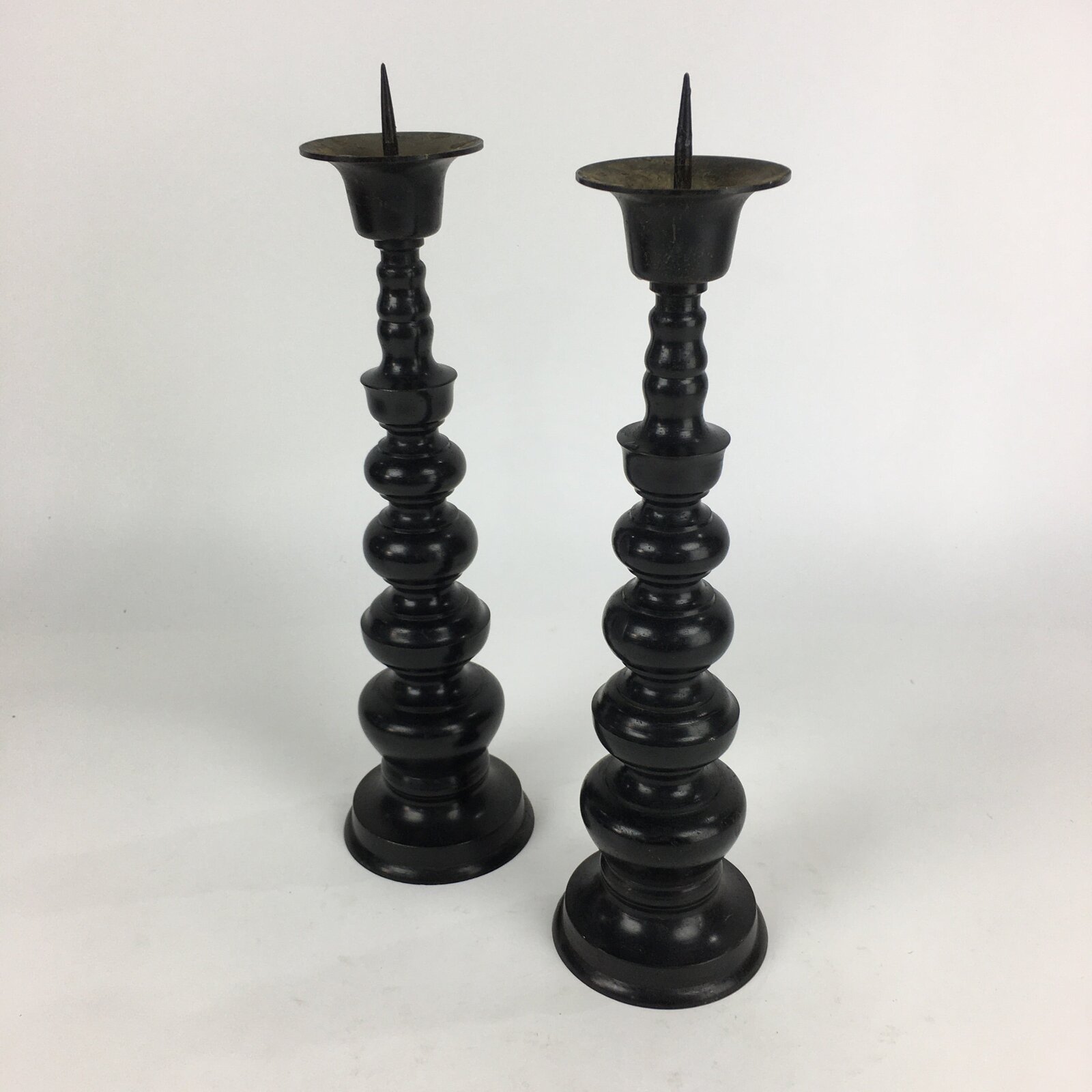 Japanese Buddhist Altar Fitting Bronze Candle Stand 2pc Set Vtg Shokudai BU678