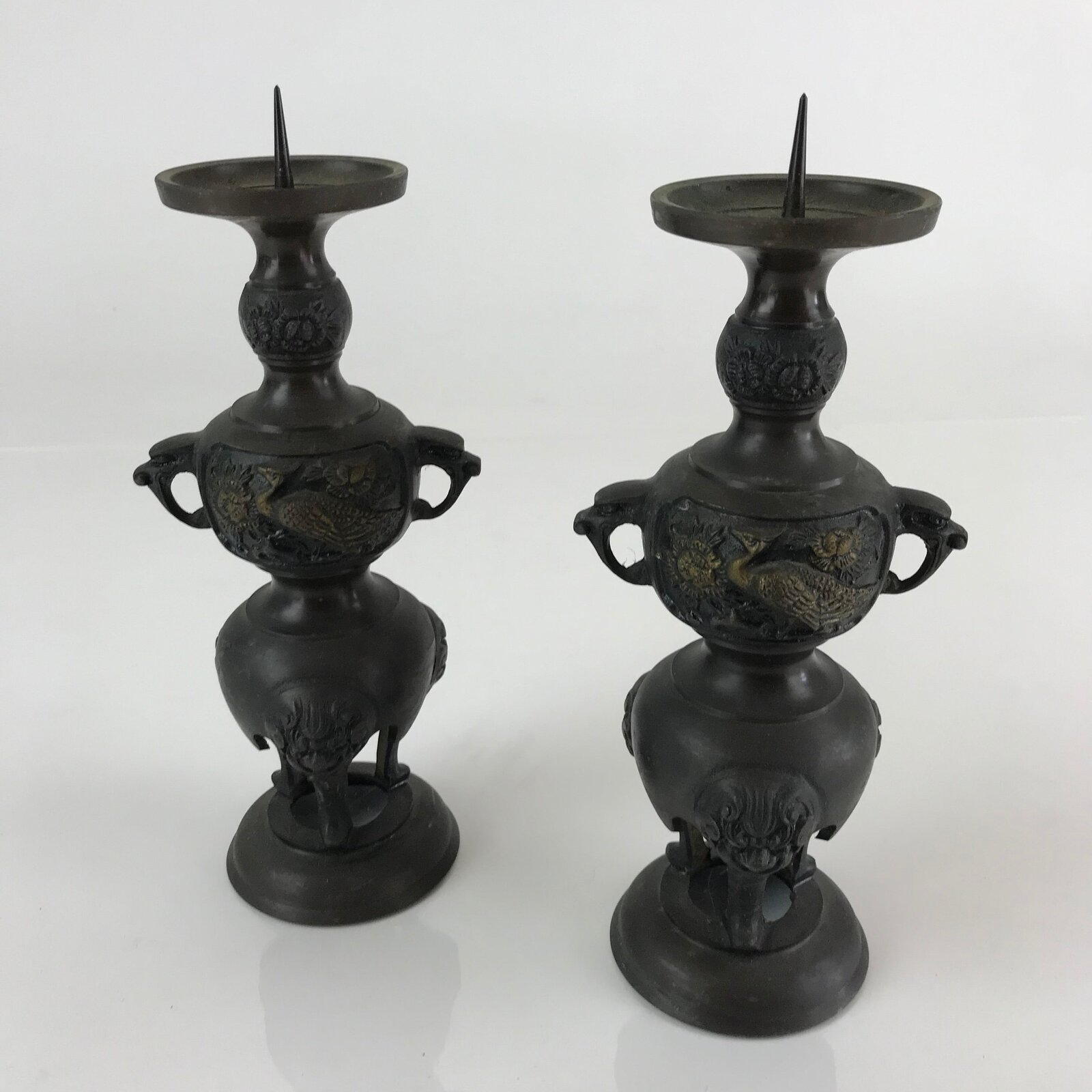 Japanese Buddhist Altar Fitting Bronze Candle Stand 2pc Set Vtg Shokudai BU744