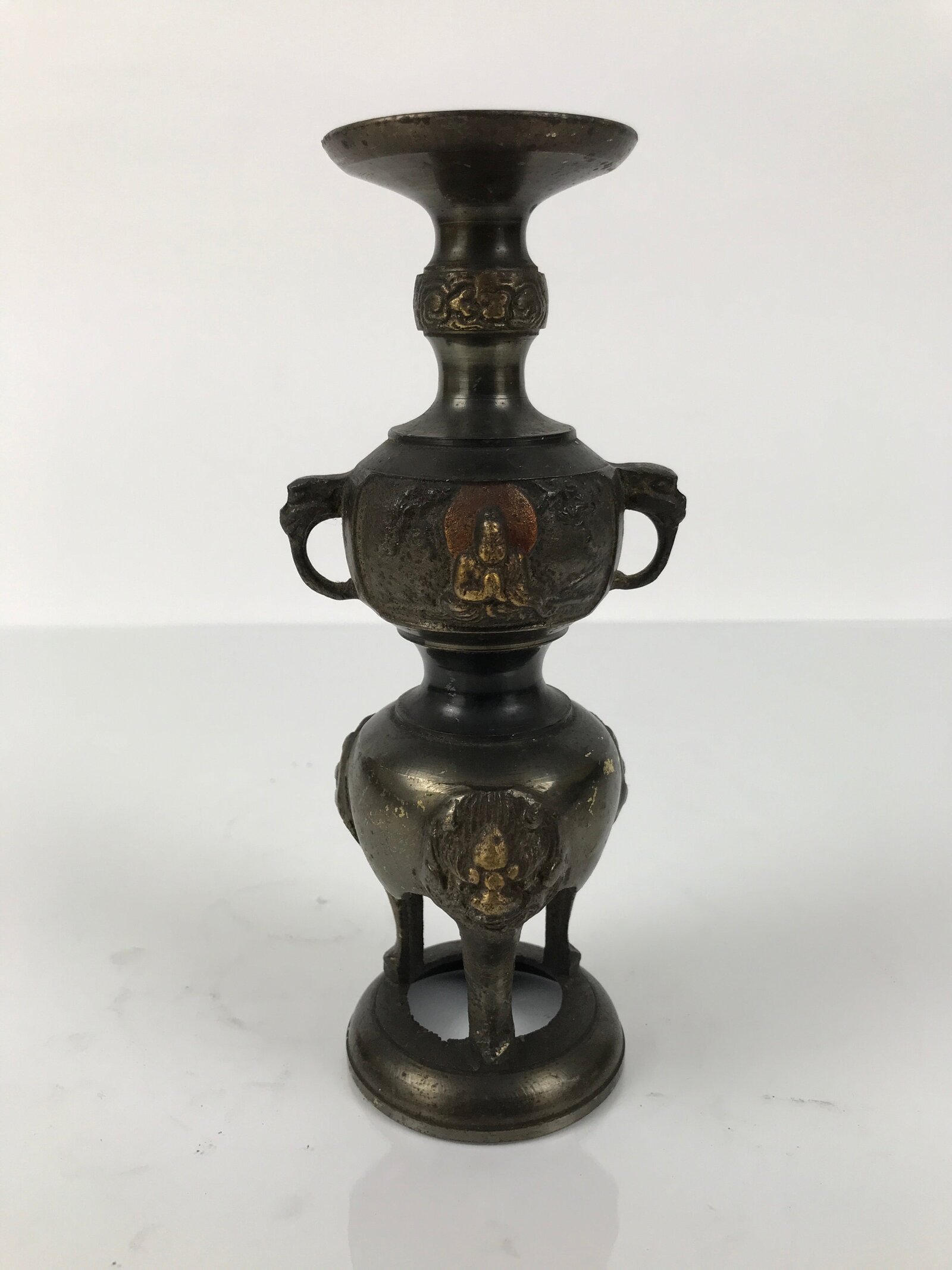 Japanese Buddhist Altar Fitting Bronze Metal Candle Stand Shokudai Brown BA768