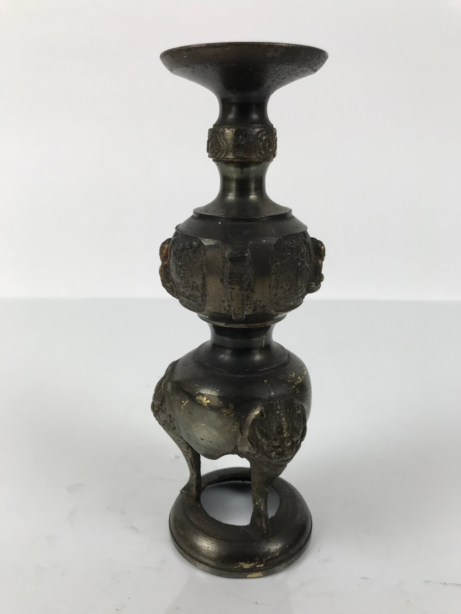 Japanese Buddhist Altar Fitting Bronze Metal Candle Stand Shokudai Brown BA768