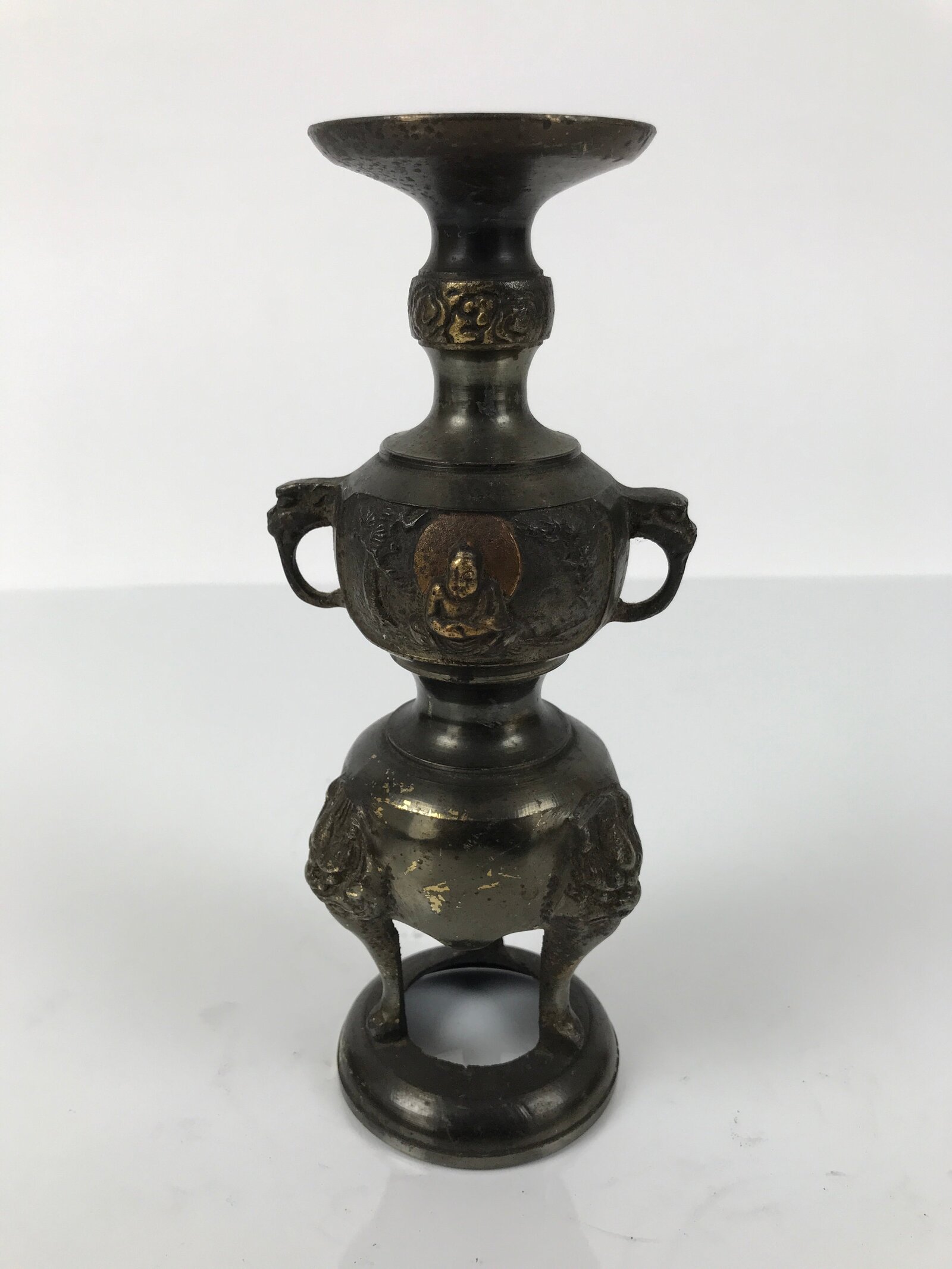 Japanese Buddhist Altar Fitting Bronze Metal Candle Stand Shokudai Brown BA768