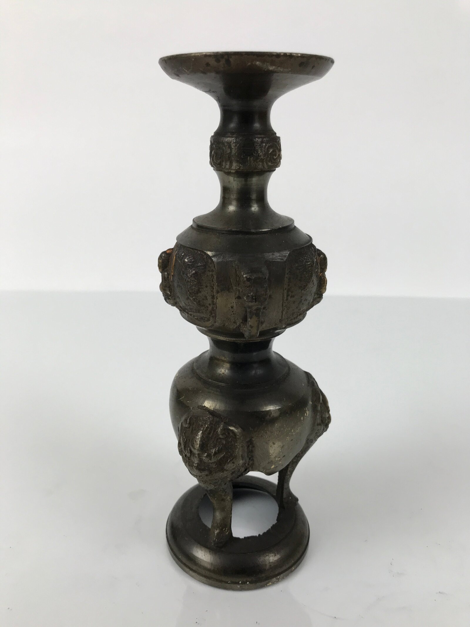Japanese Buddhist Altar Fitting Bronze Metal Candle Stand Shokudai Brown BA768