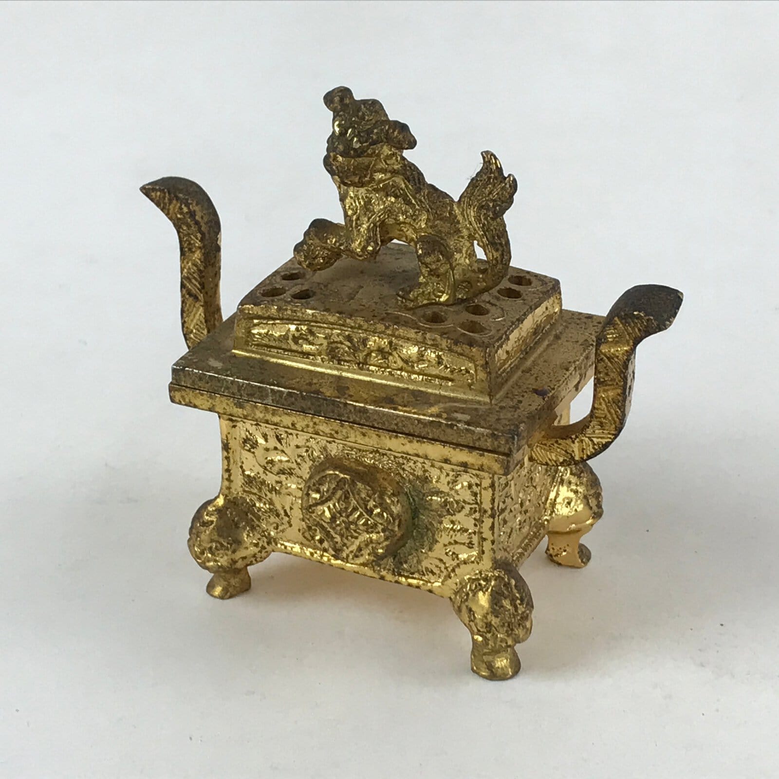 Japanese Buddhist Altar Fitting Iron Incense Burner Koro Vtg Gold Shisa BA92