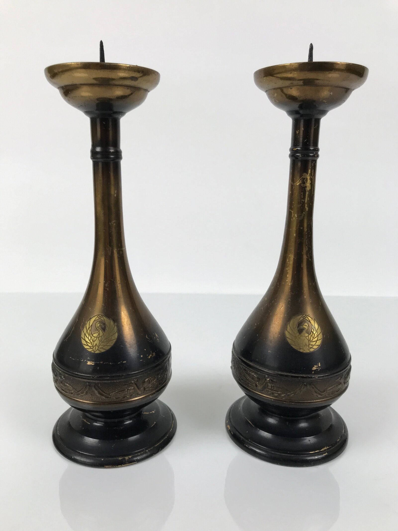 Japanese Buddhist Altar Fitting Metal Candle Stand Vtg Shokudai 2pc Crane BA747