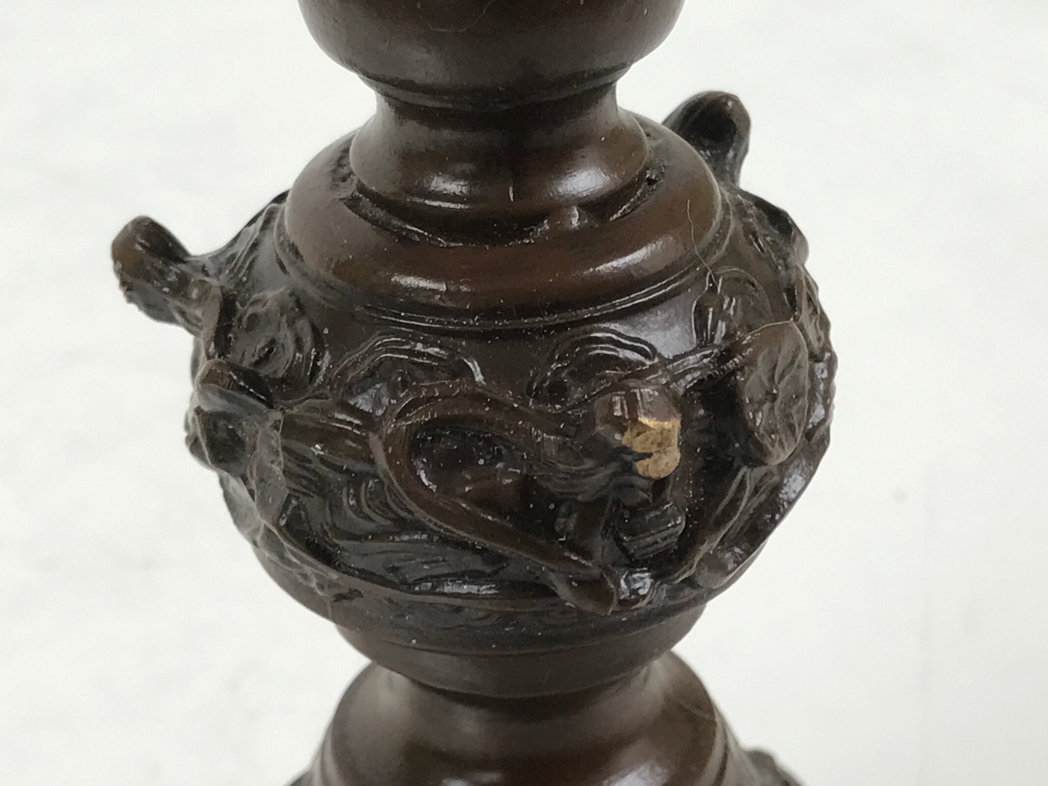 Japanese Buddhist Altar Fitting Metal Candle Stand Vtg Shokudai Bird Brown BA677