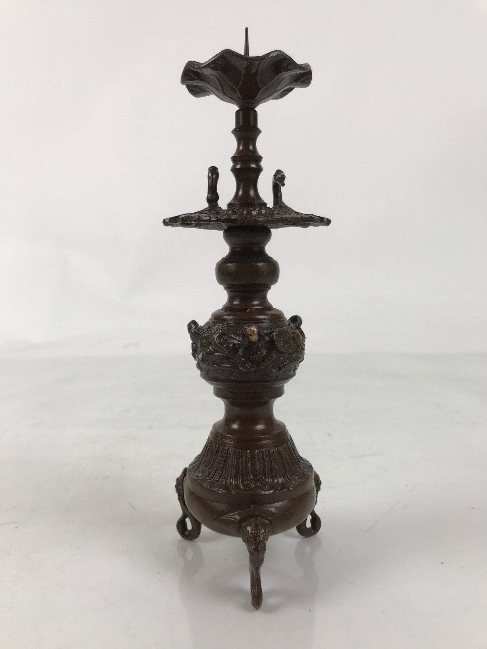 Japanese Buddhist Altar Fitting Metal Candle Stand Vtg Shokudai Bird Brown BA677