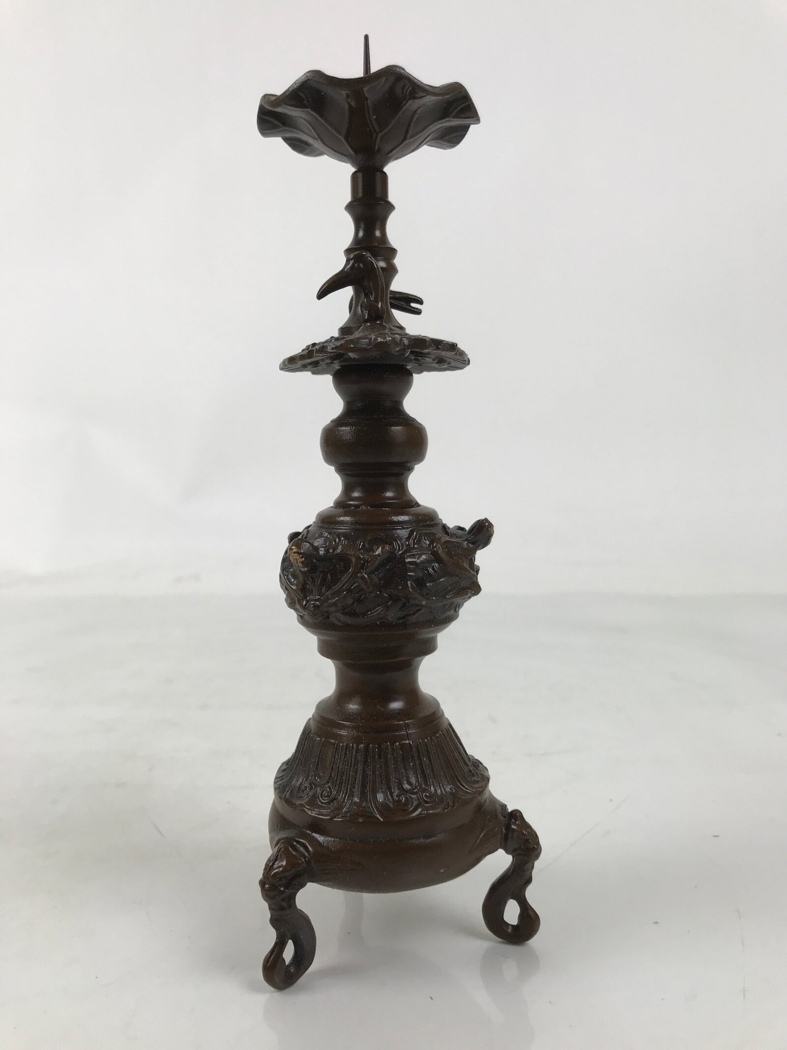 Japanese Buddhist Altar Fitting Metal Candle Stand Vtg Shokudai Bird Brown BA677