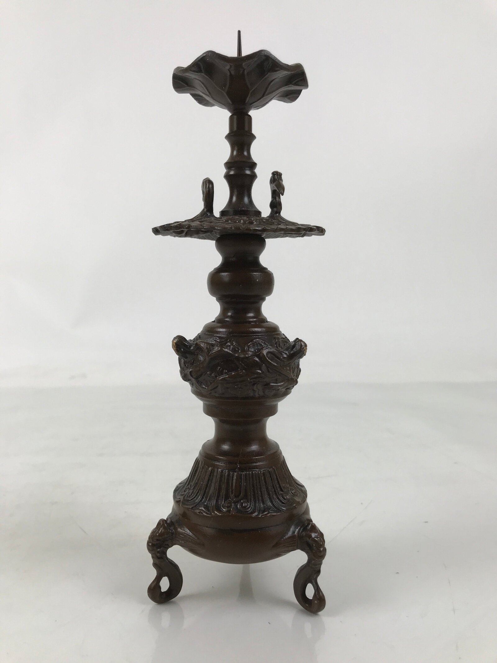 Japanese Buddhist Altar Fitting Metal Candle Stand Vtg Shokudai Bird Brown BA677
