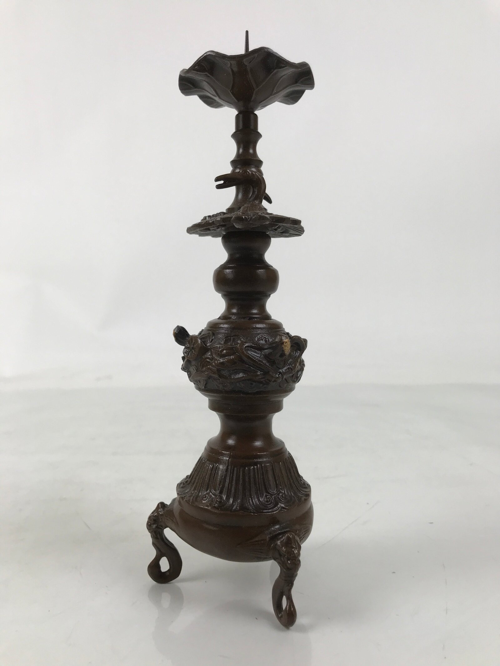Japanese Buddhist Altar Fitting Metal Candle Stand Vtg Shokudai Bird Brown BA677