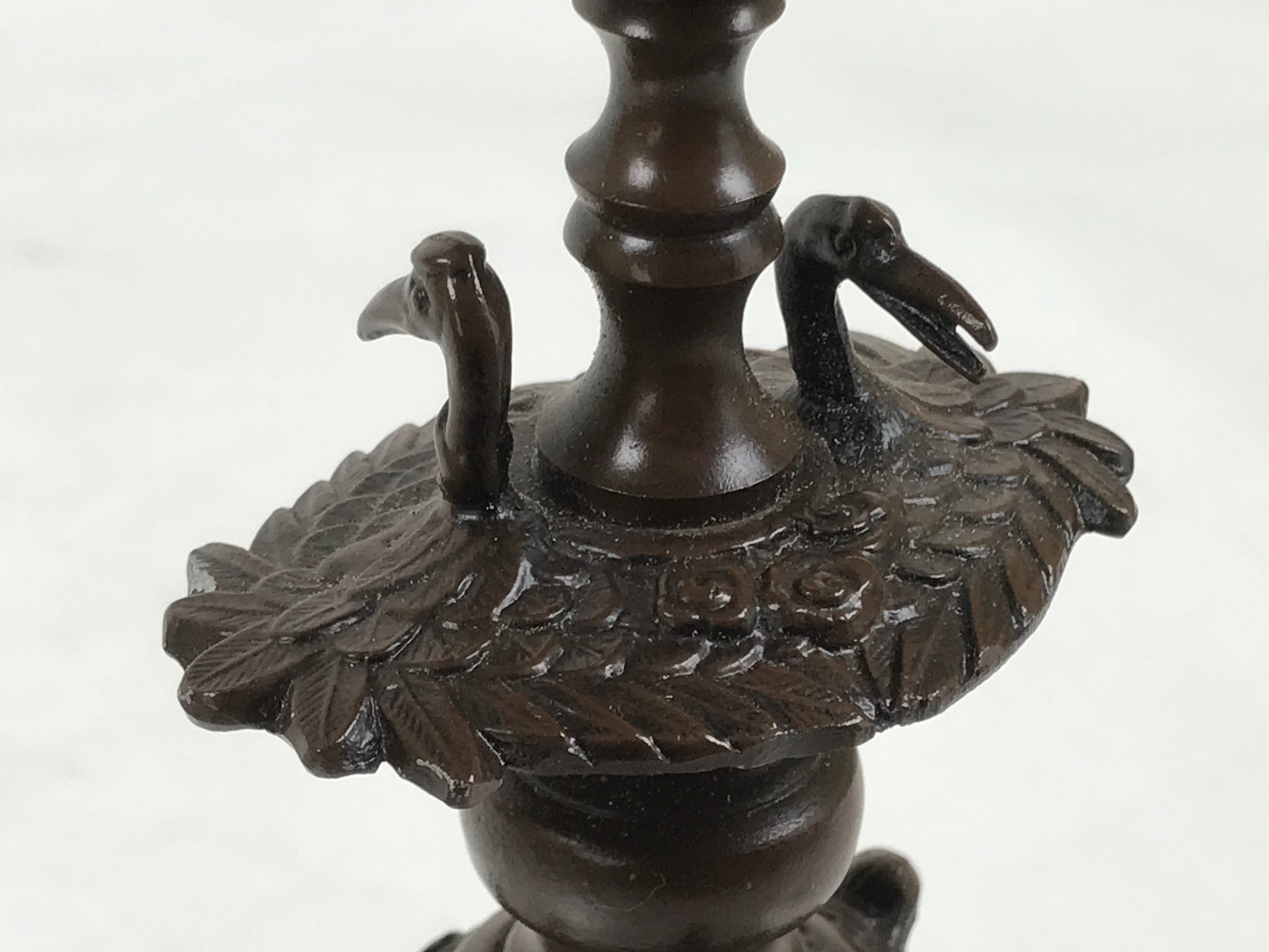 Japanese Buddhist Altar Fitting Metal Candle Stand Vtg Shokudai Bird Brown BA677