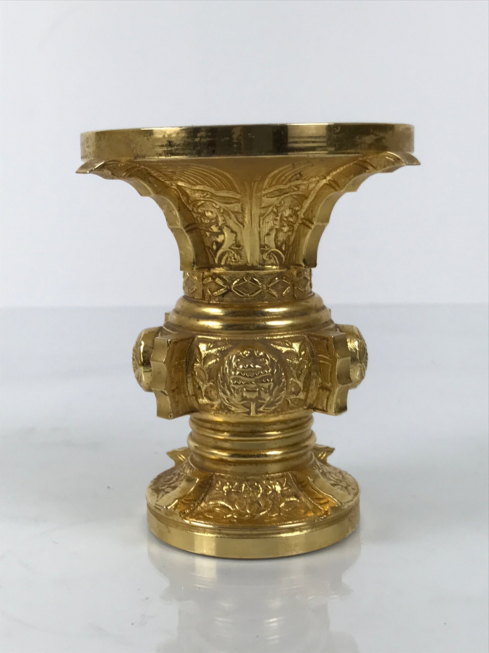 Japanese Buddhist Altar Fitting Metal Flower Vase Vtg Gold Peony Hanatate BA780