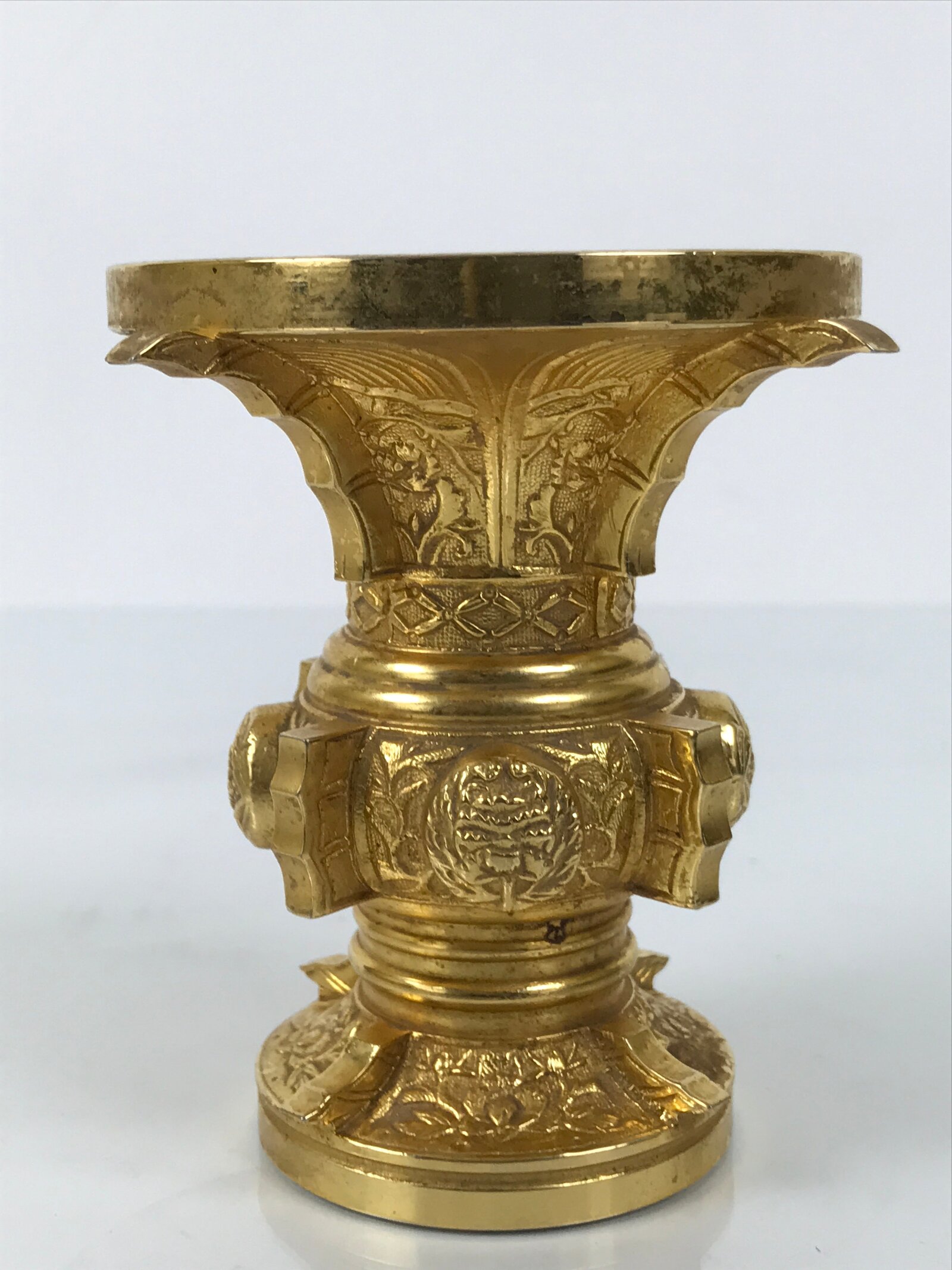 Japanese Buddhist Altar Fitting Metal Flower Vase Vtg Gold Peony Hanatate BA780