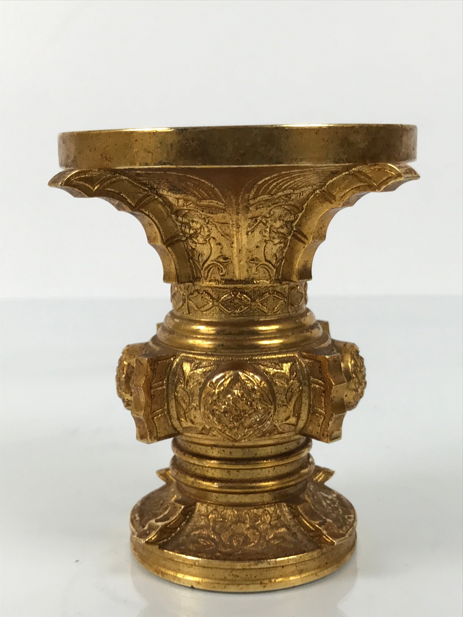 Japanese Buddhist Altar Fitting Metal Flower Vase Vtg Gold Peony Hanatate BA781