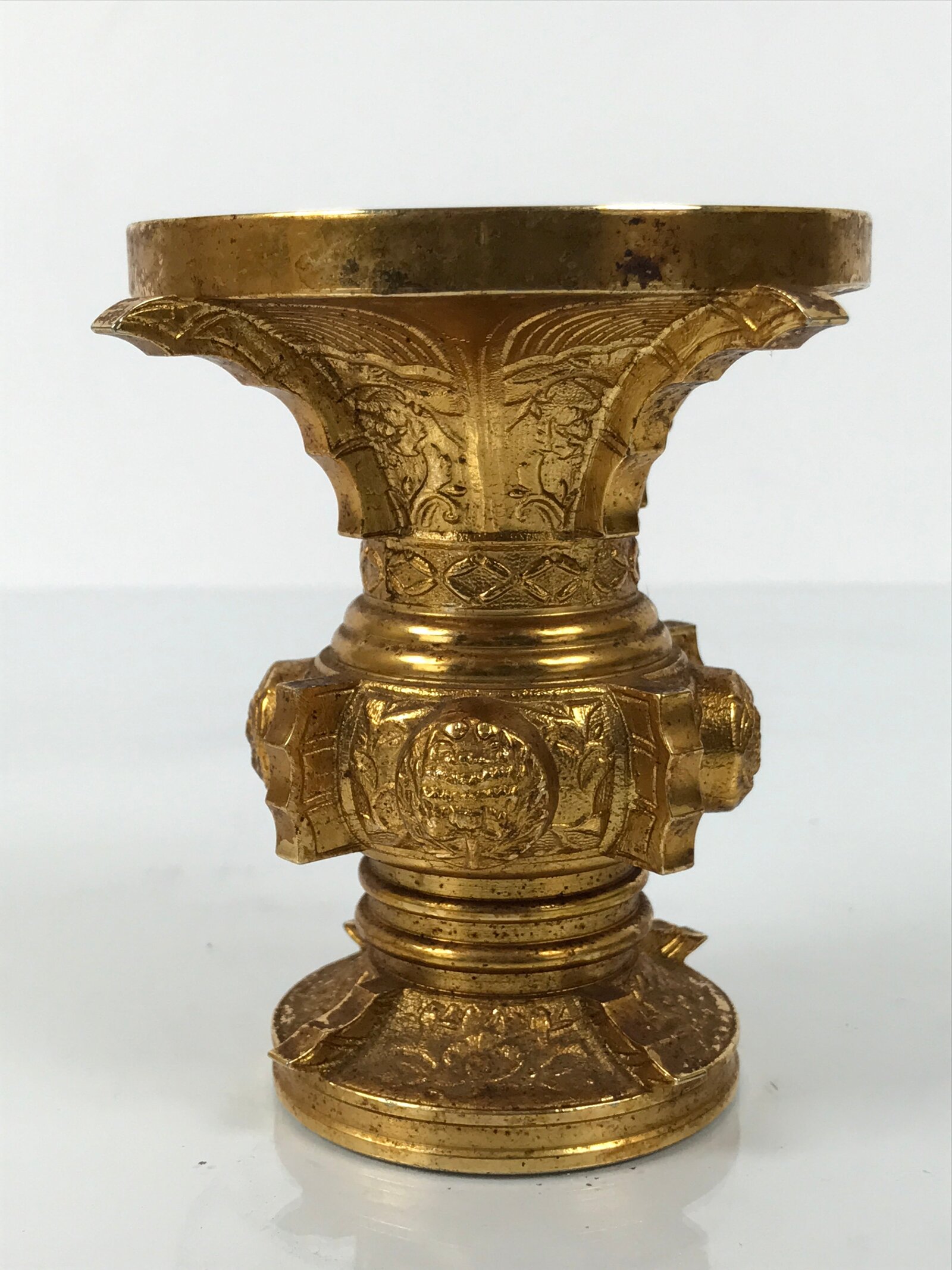 Japanese Buddhist Altar Fitting Metal Flower Vase Vtg Gold Peony Hanatate BA781