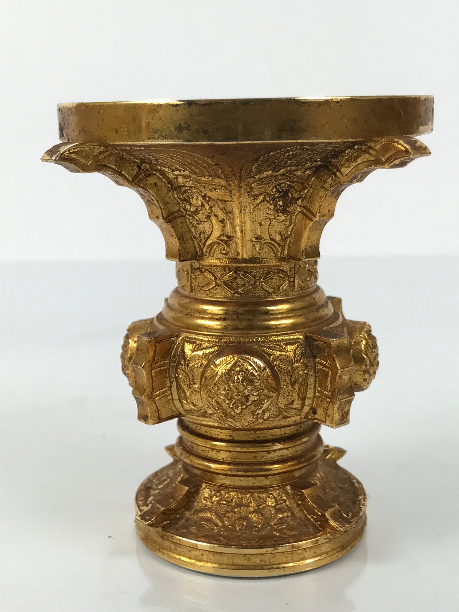 Japanese Buddhist Altar Fitting Metal Flower Vase Vtg Gold Peony Hanatate BA781