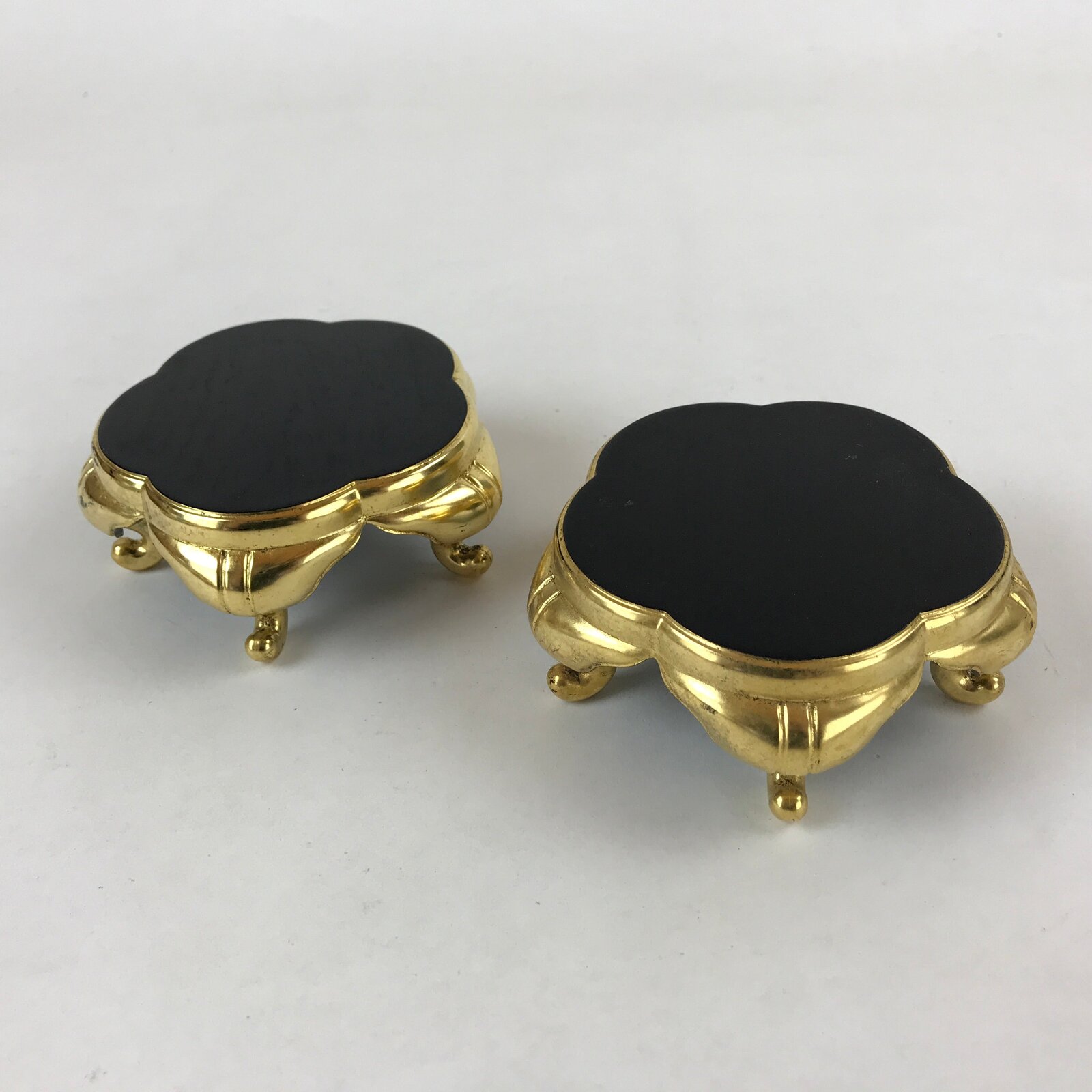 Japanese Buddhist Altar Fitting Offering Cup Stand Vtg 2pc Bukki Black BA158