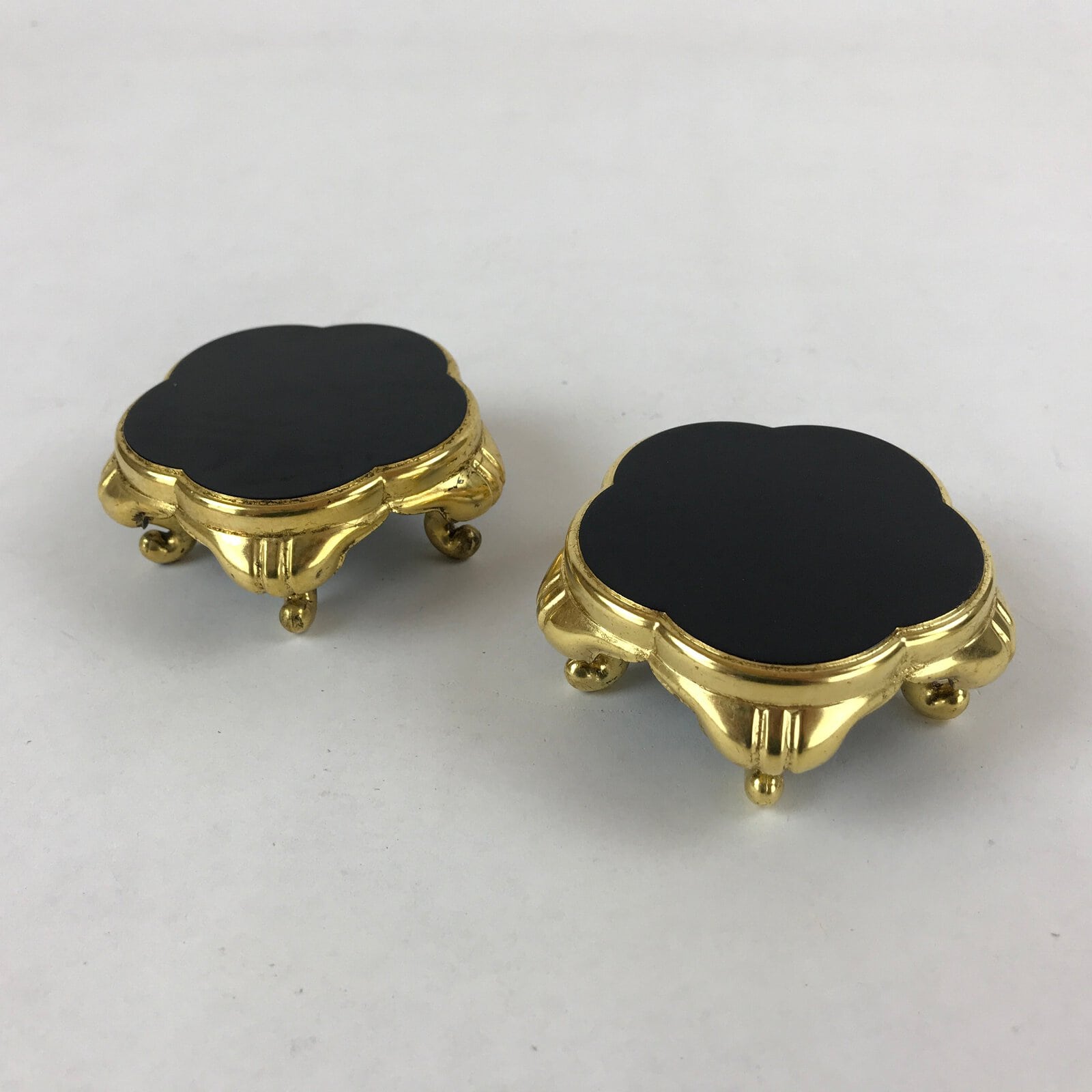 Japanese Buddhist Altar Fitting Offering Cup Stand Vtg 2pc Bukki Black BA159