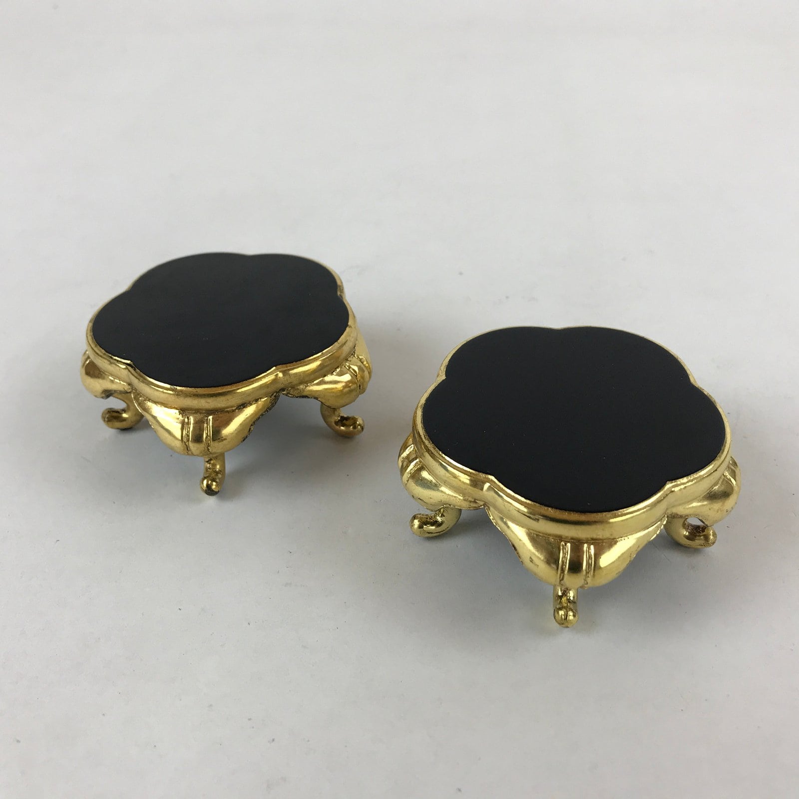 Japanese Buddhist Altar Fitting Offering Cup Stand Vtg 2pc Bukki Black BA161