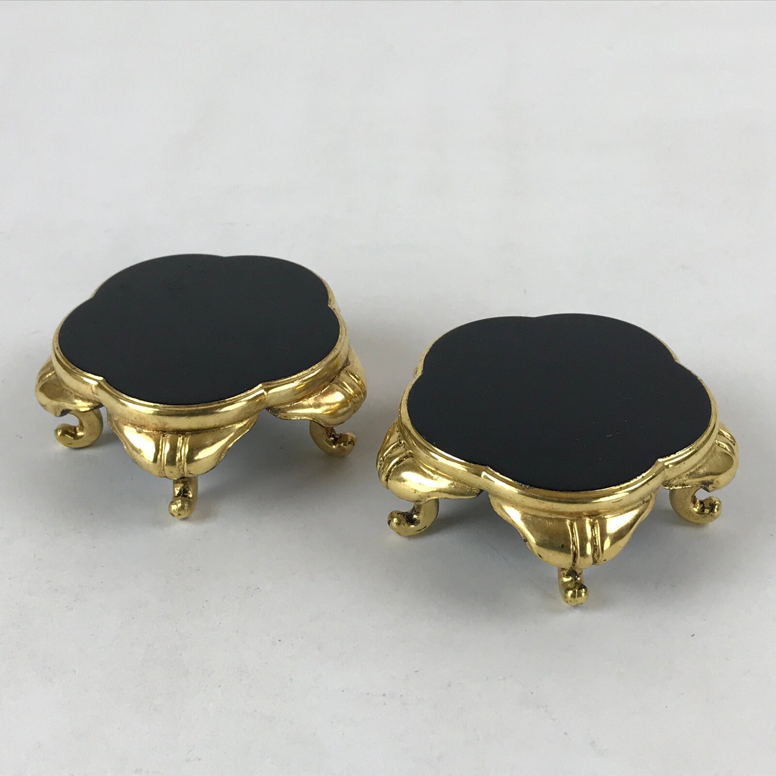 Japanese Buddhist Altar Fitting Offering Cup Stand Vtg 2pc Bukki Black BA194