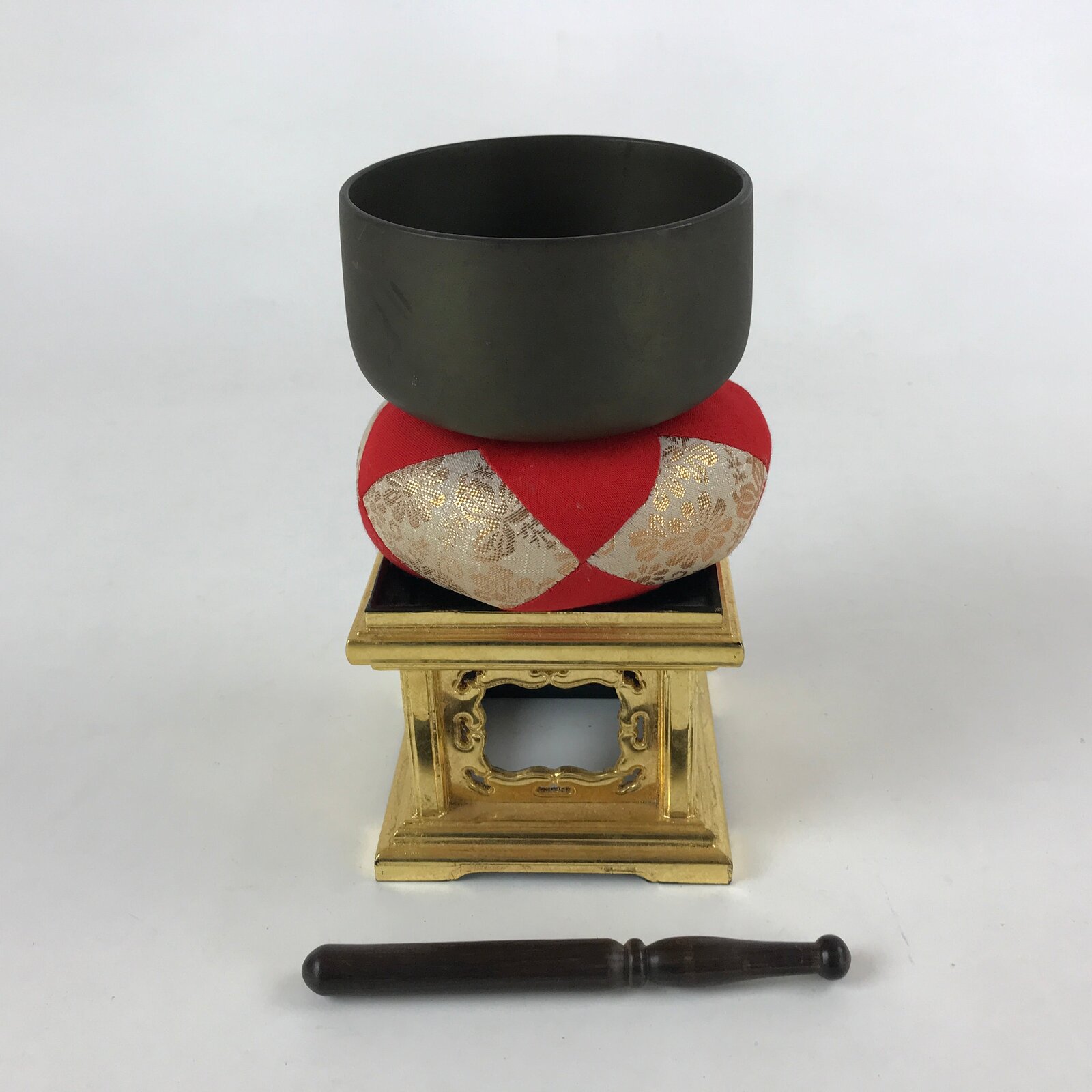 Japanese Buddhist Altar Fitting Orin Bell Singing Bowl Vtg Lacquered Stand BA127