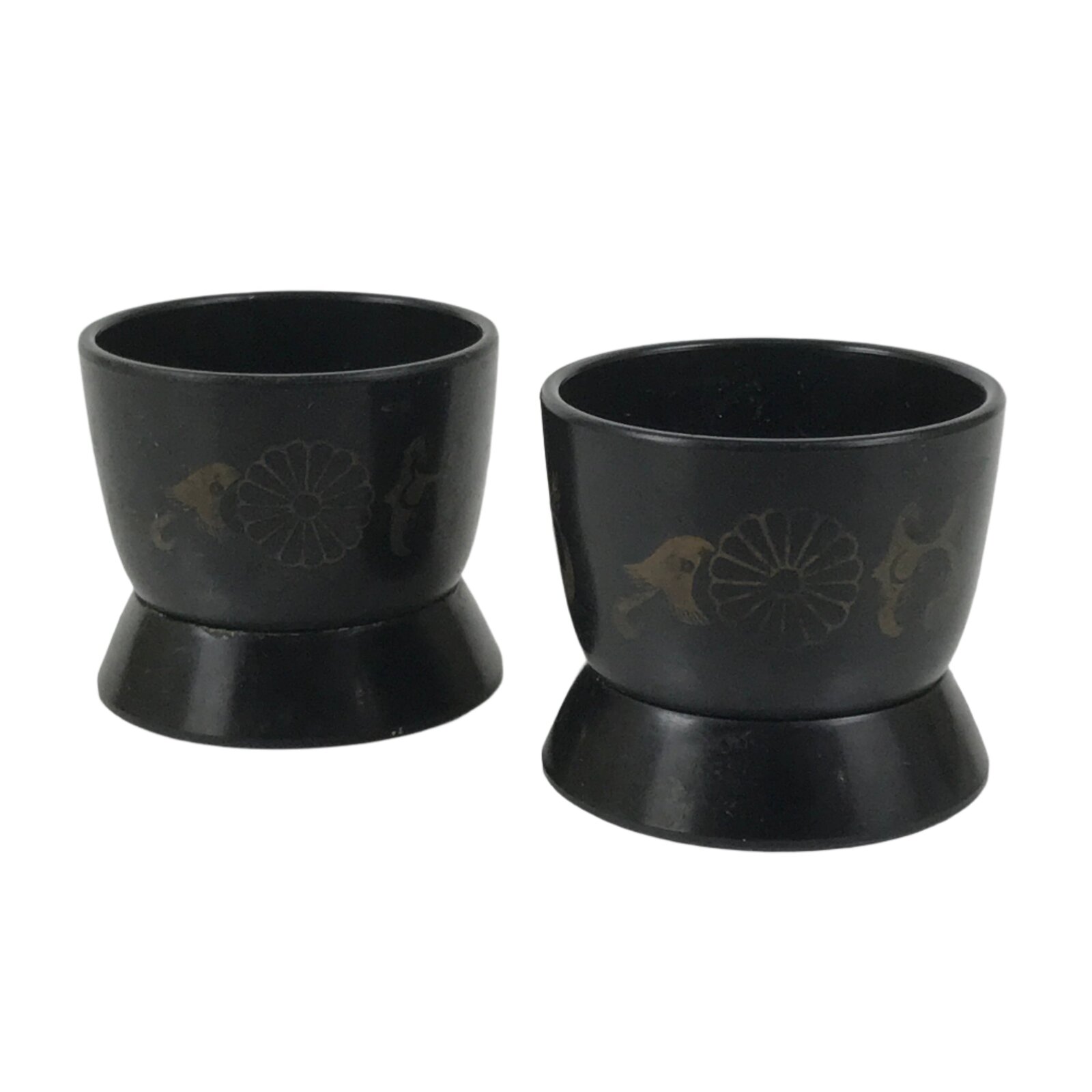 Japanese Buddhist Altar Fitting Resin Sake Cup Vtg 2pc Butsugu Black Kiku BA672