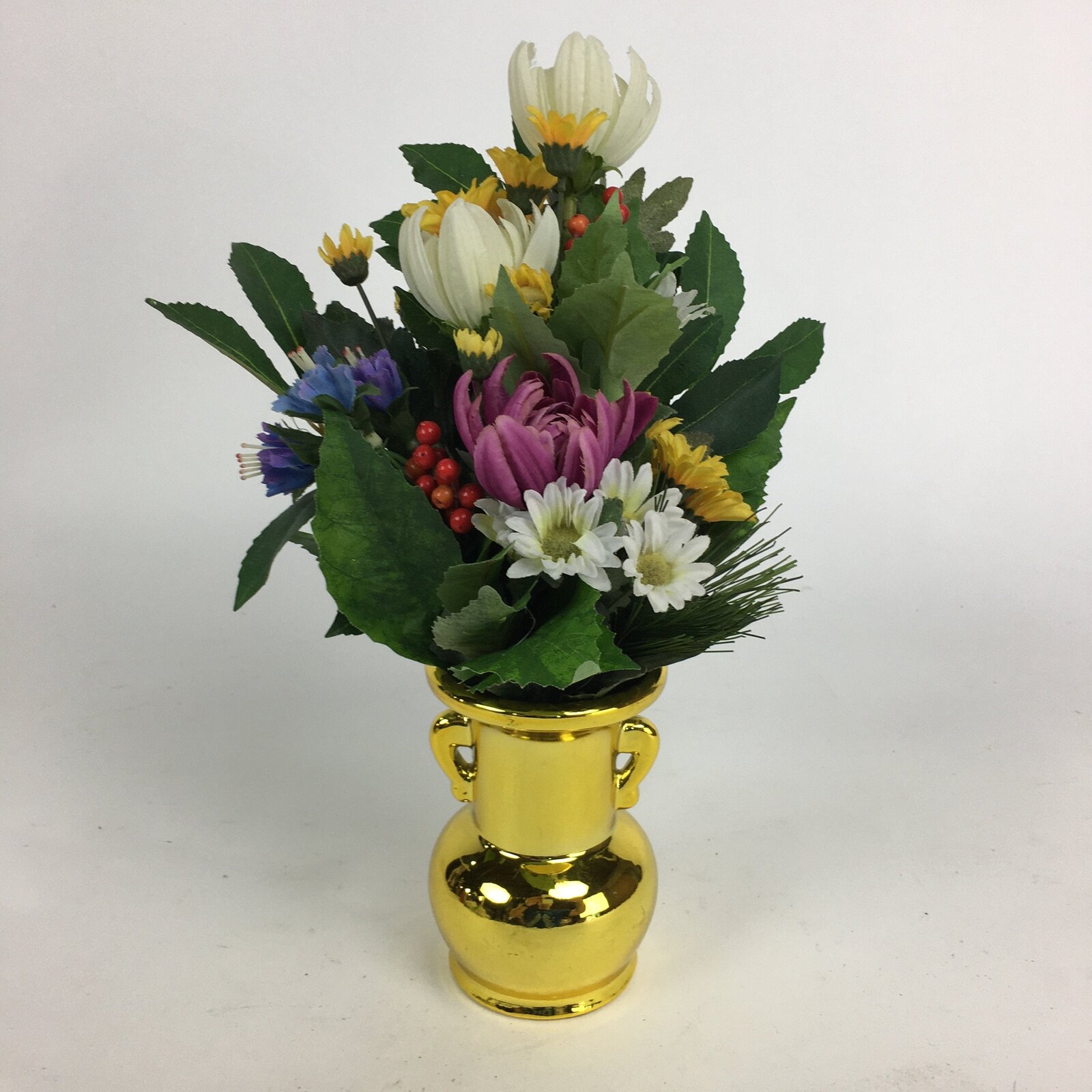 Japanese Buddhist Altar Fitting Vtg Flower Stand Vase and Artificial Flowers Set