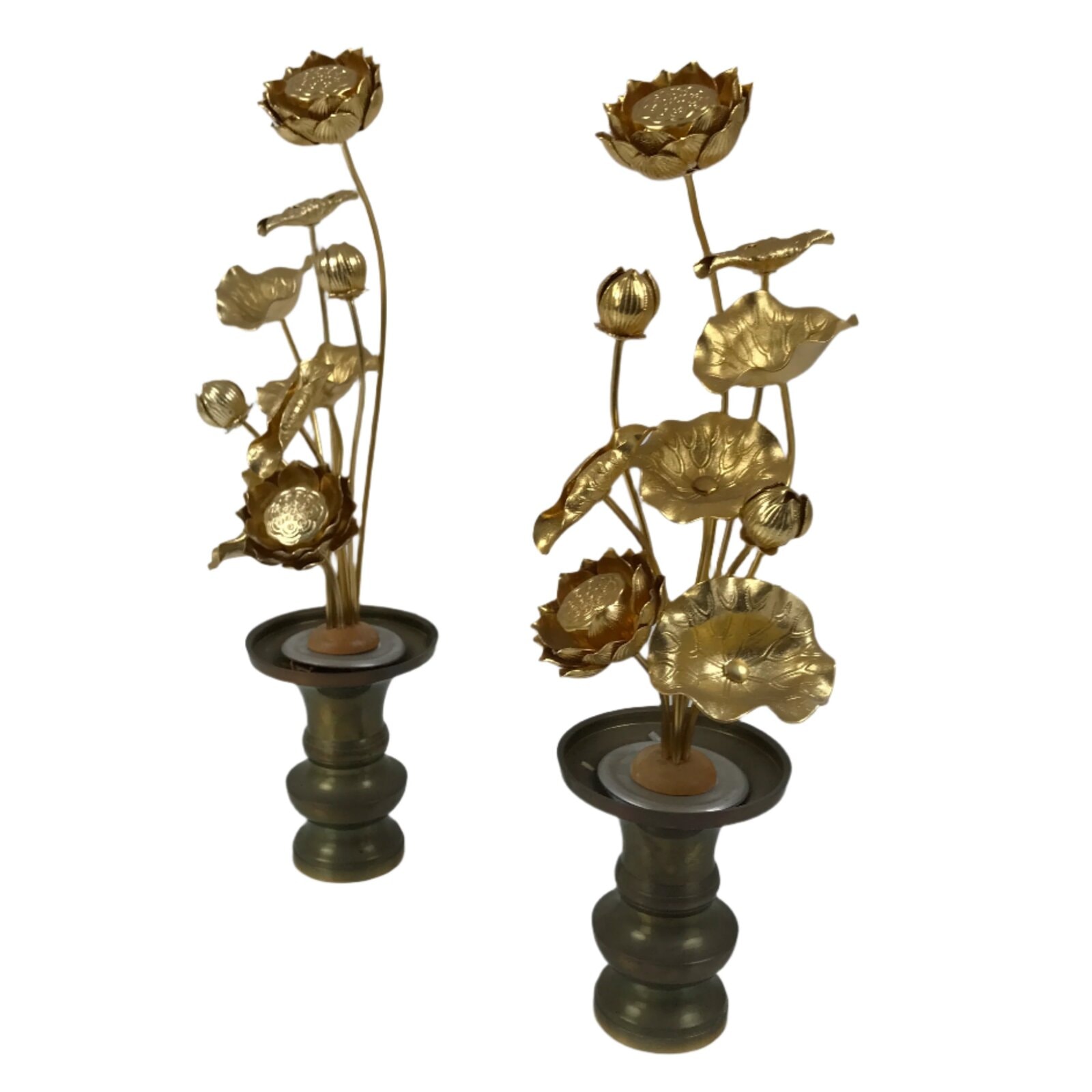 Japanese Buddhist Altar Fitting Vtg Gold Lotus Flowers Jouka Hanatate 2pcs BA716