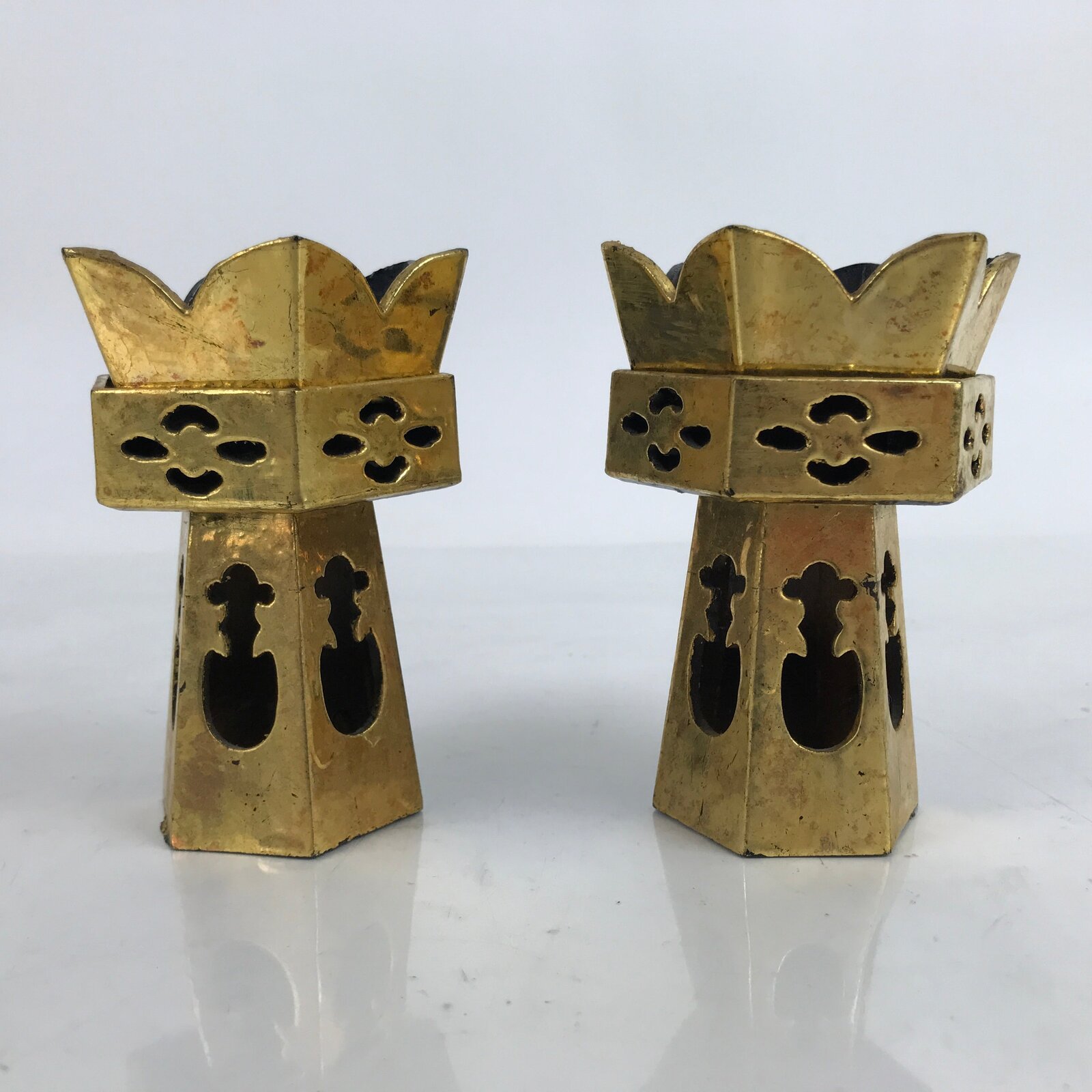 Japanese Buddhist Altar Fitting Wood Kuge Offering Stand Vtg 2pc Gold BA390