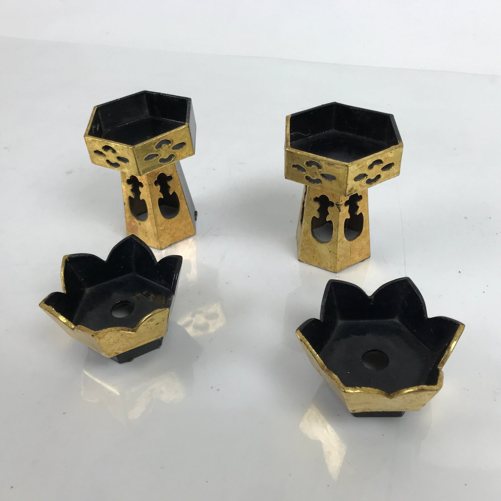 Japanese Buddhist Altar Fitting Wood Kuge Offering Stand Vtg 2pc Gold BA390