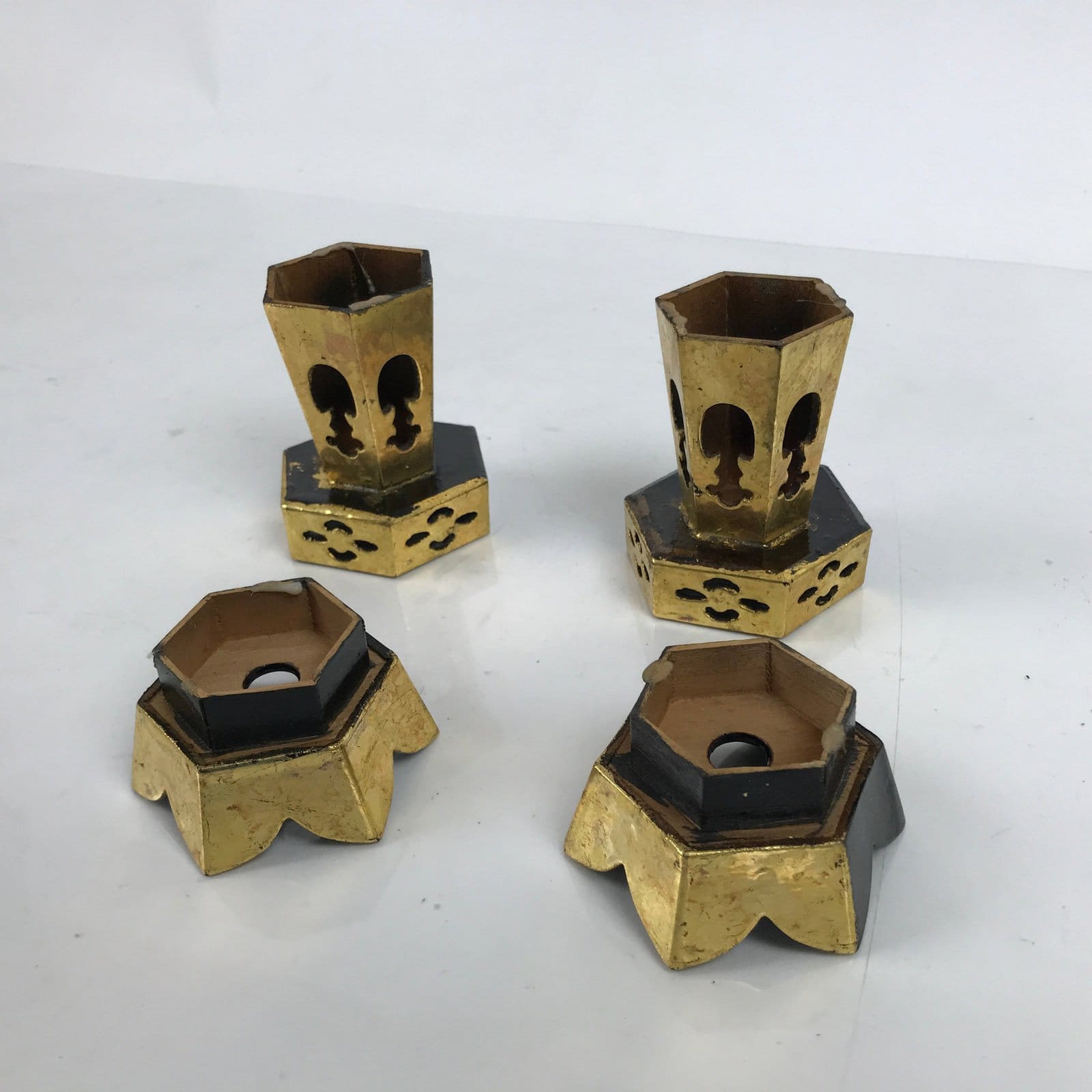 Japanese Buddhist Altar Fitting Wood Kuge Offering Stand Vtg 2pc Gold BA390