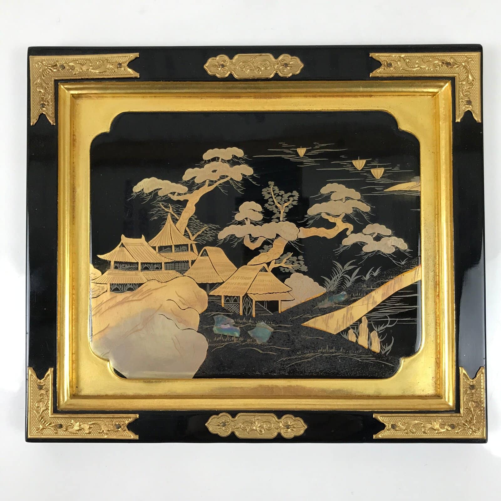 Japanese Buddhist Altar Lacquer Door Panel Vtg Makie Raden Scenery Gold BA468