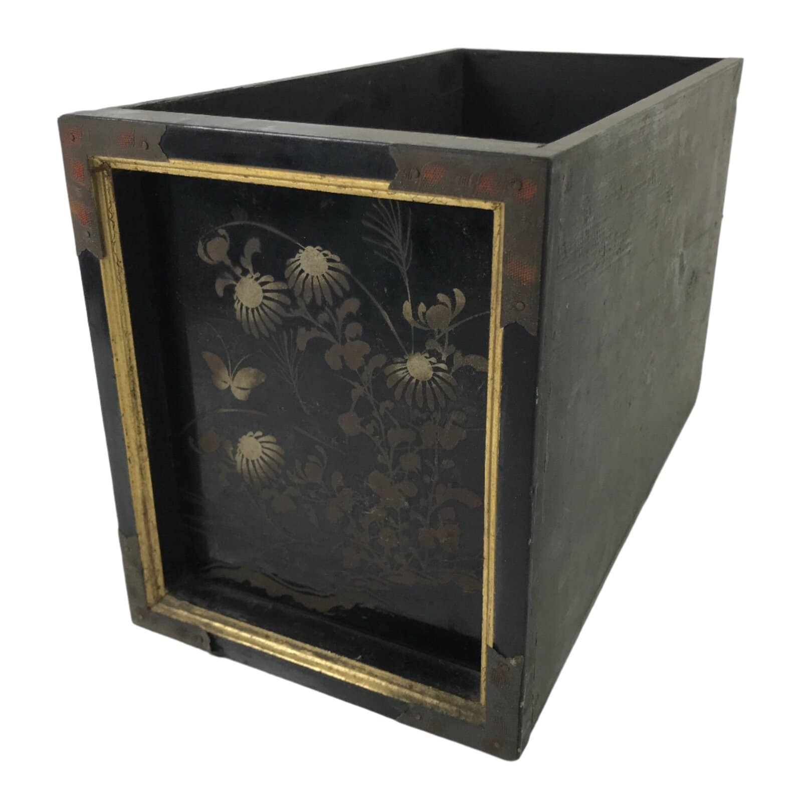 Japanese Buddhist Altar Lacquer Drawer Vtg Bronze Gold Makie Chrysanthemum BA499