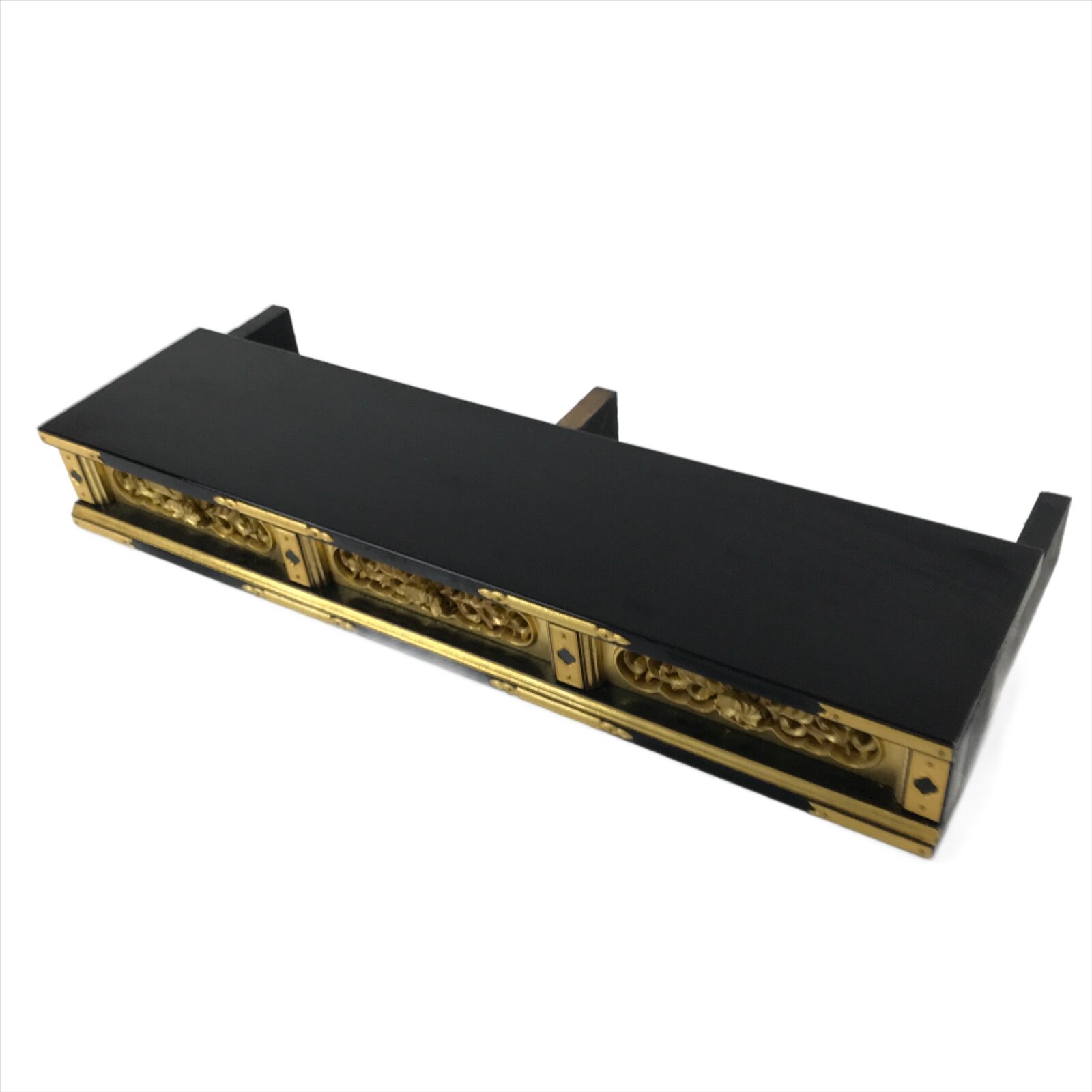 Japanese Buddhist Altar Lacquer Part Vtg Gilt Carved Wood Peony Gold Black BA275