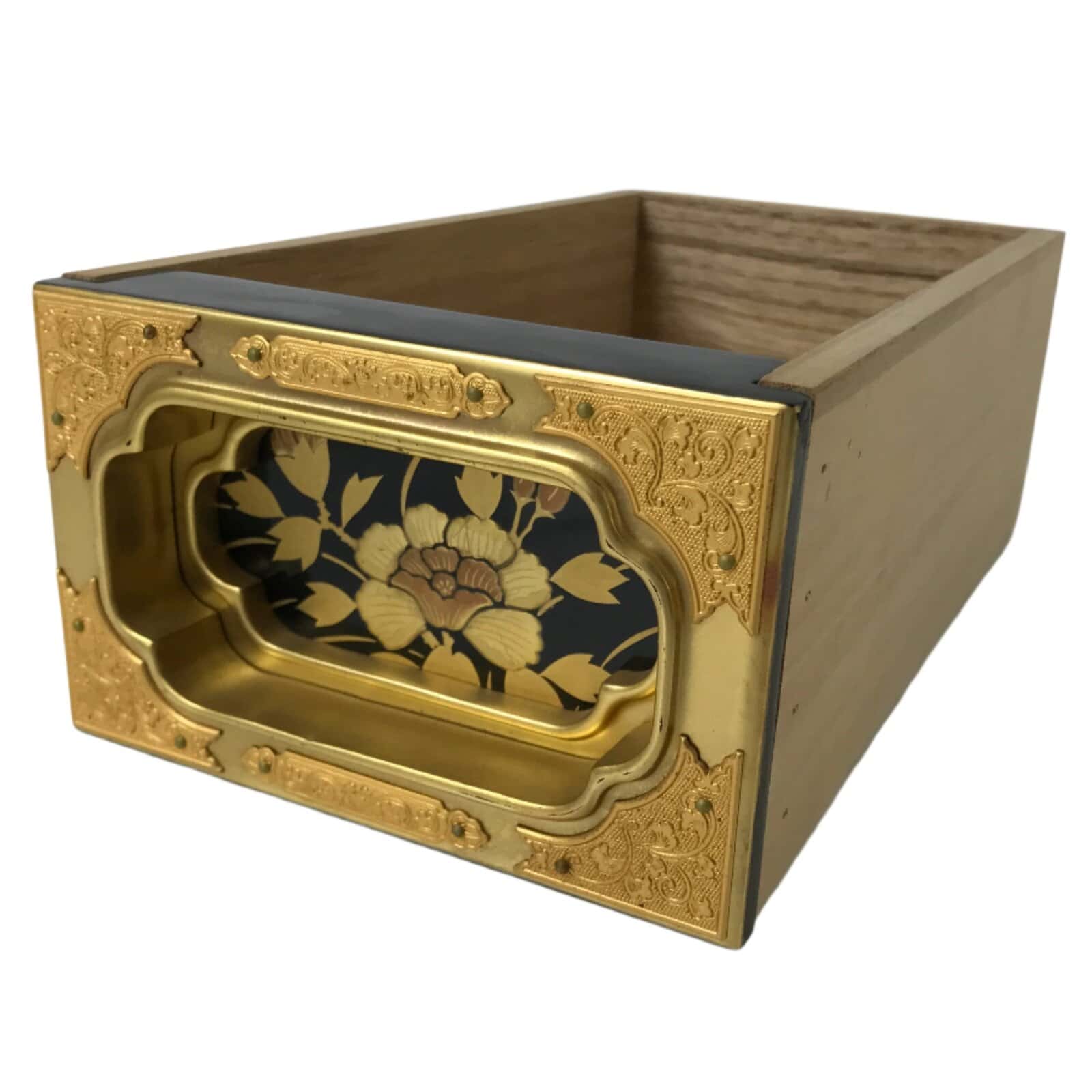 Japanese Buddhist Altar Lacquered Drawer Vtg Black Gold Makie Peony Botan BA576