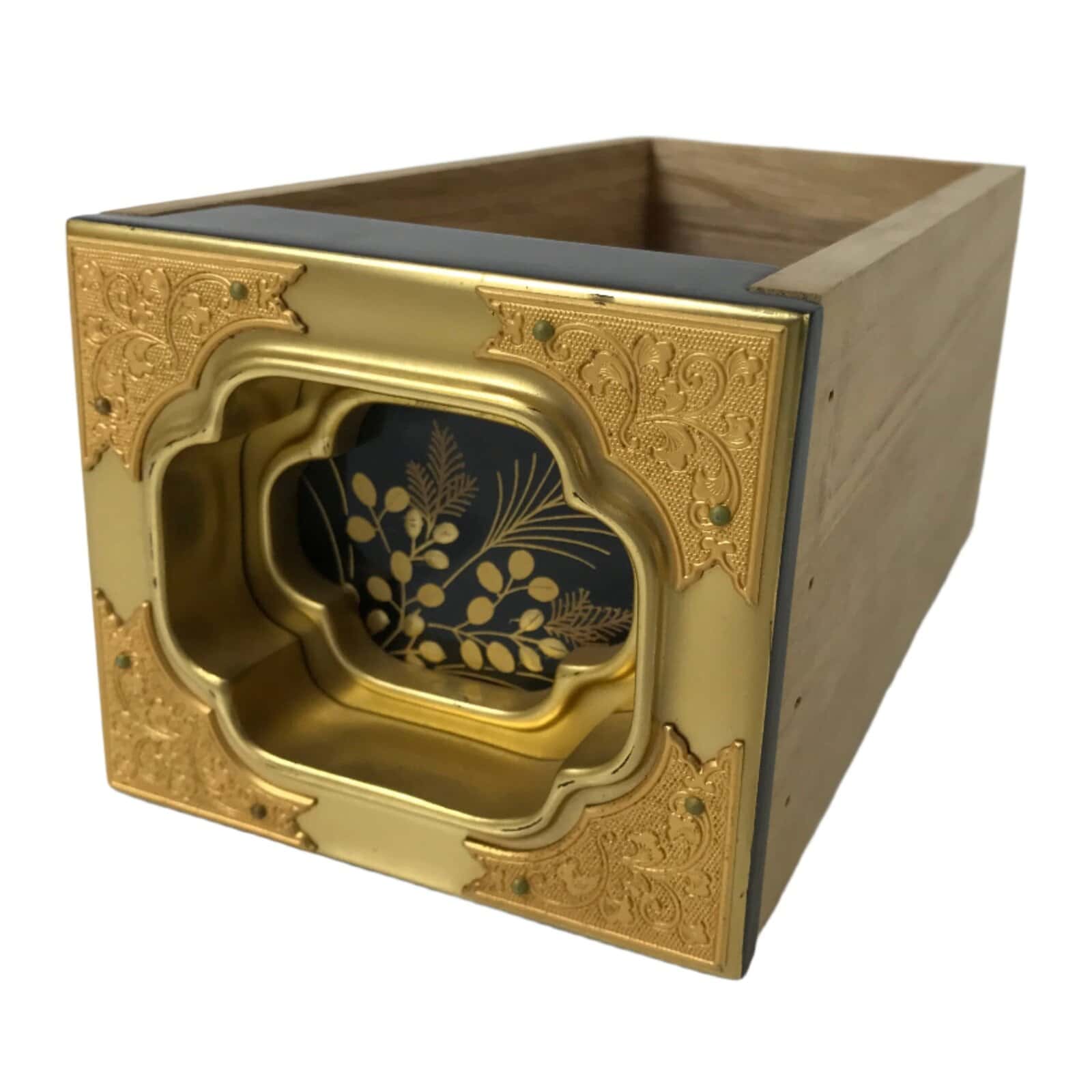 Japanese Buddhist Altar Lacquered Drawer Vtg Black Gold Makie Plants BA575