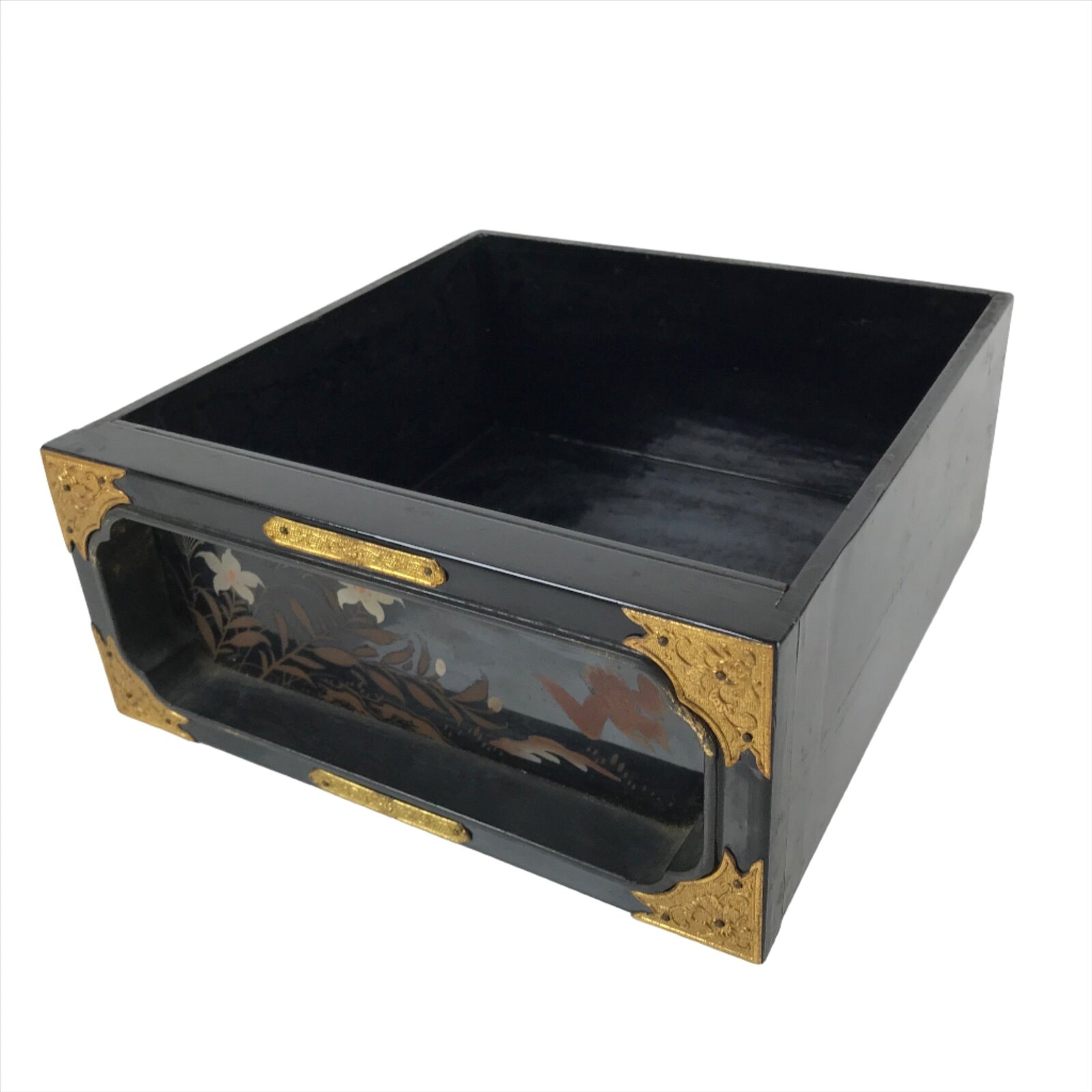 Japanese Buddhist Altar Lacquered Drawer Vtg Brass Gilt Floral Bird Gold BA280