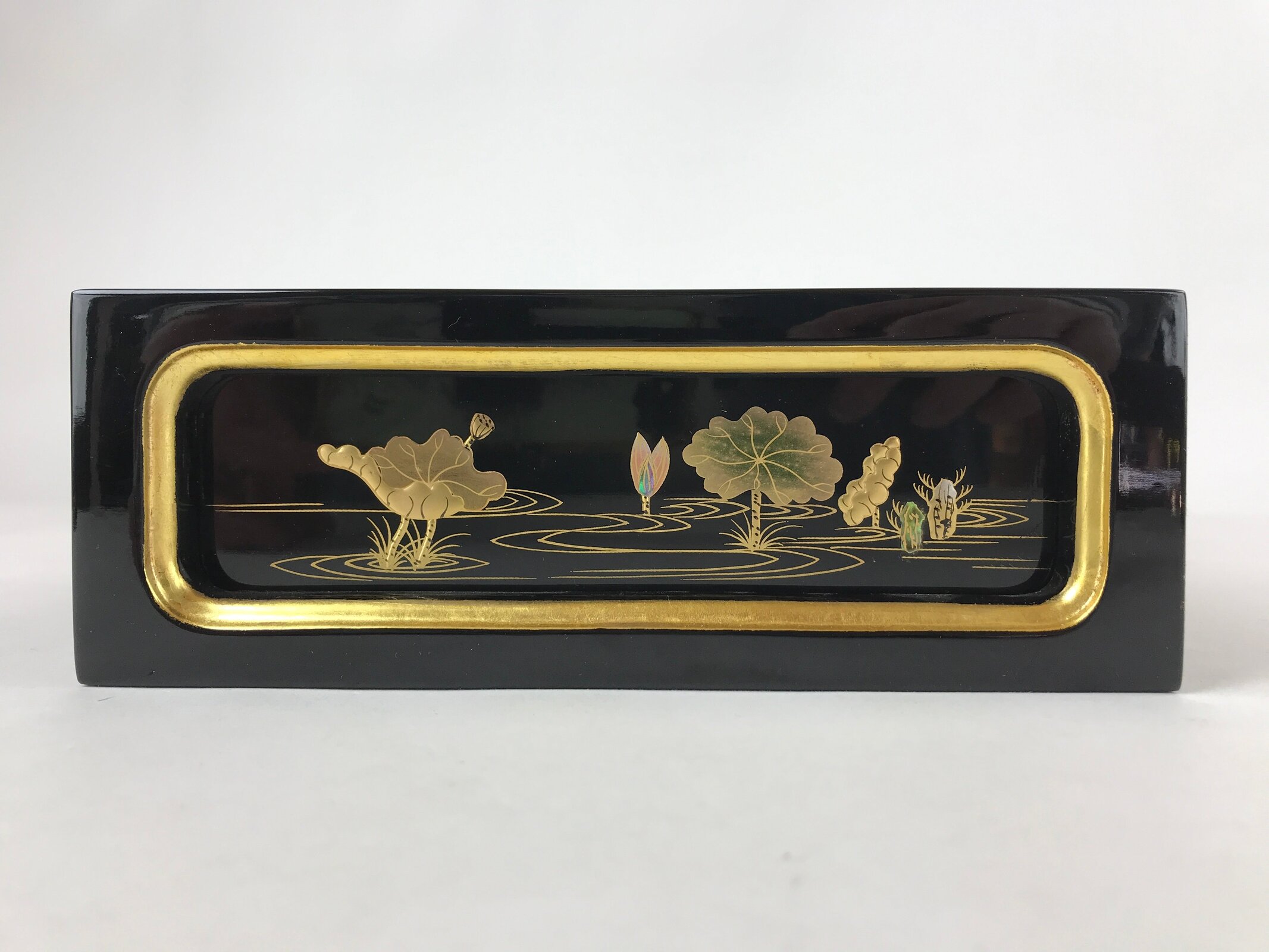Japanese Buddhist Altar Lacquered Drawer Vtg Gilt Makie Lotus Pond Gold BA231