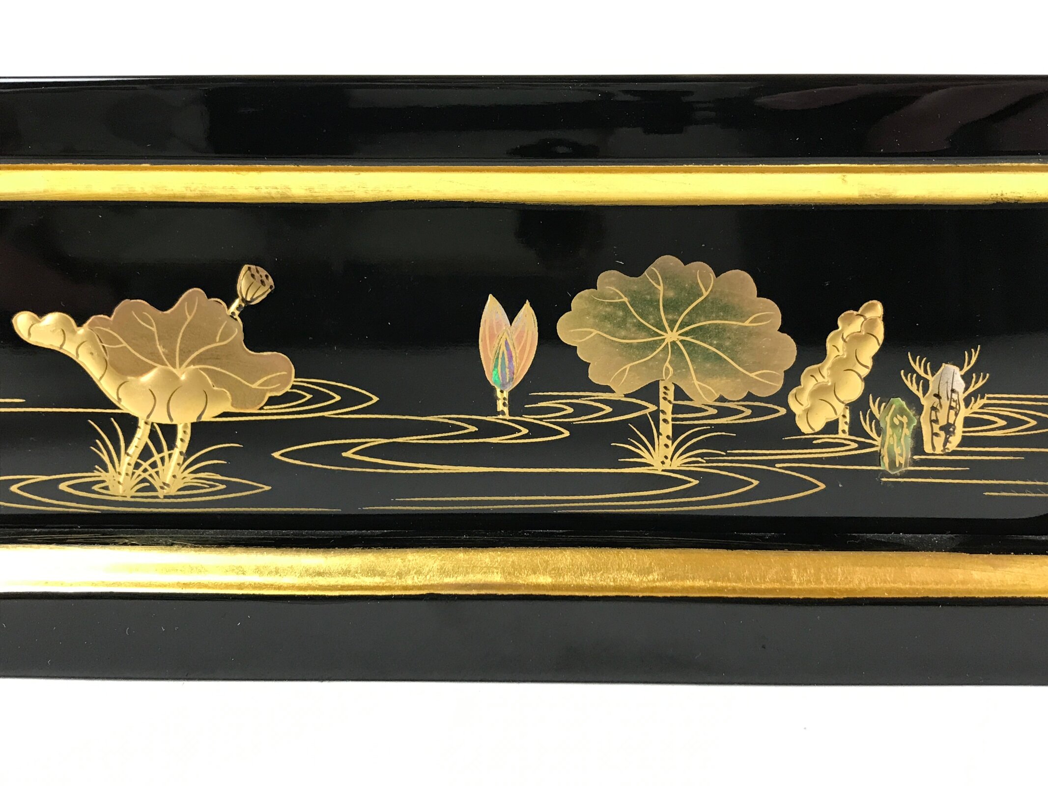 Japanese Buddhist Altar Lacquered Drawer Vtg Gilt Makie Lotus Pond Gold BA231