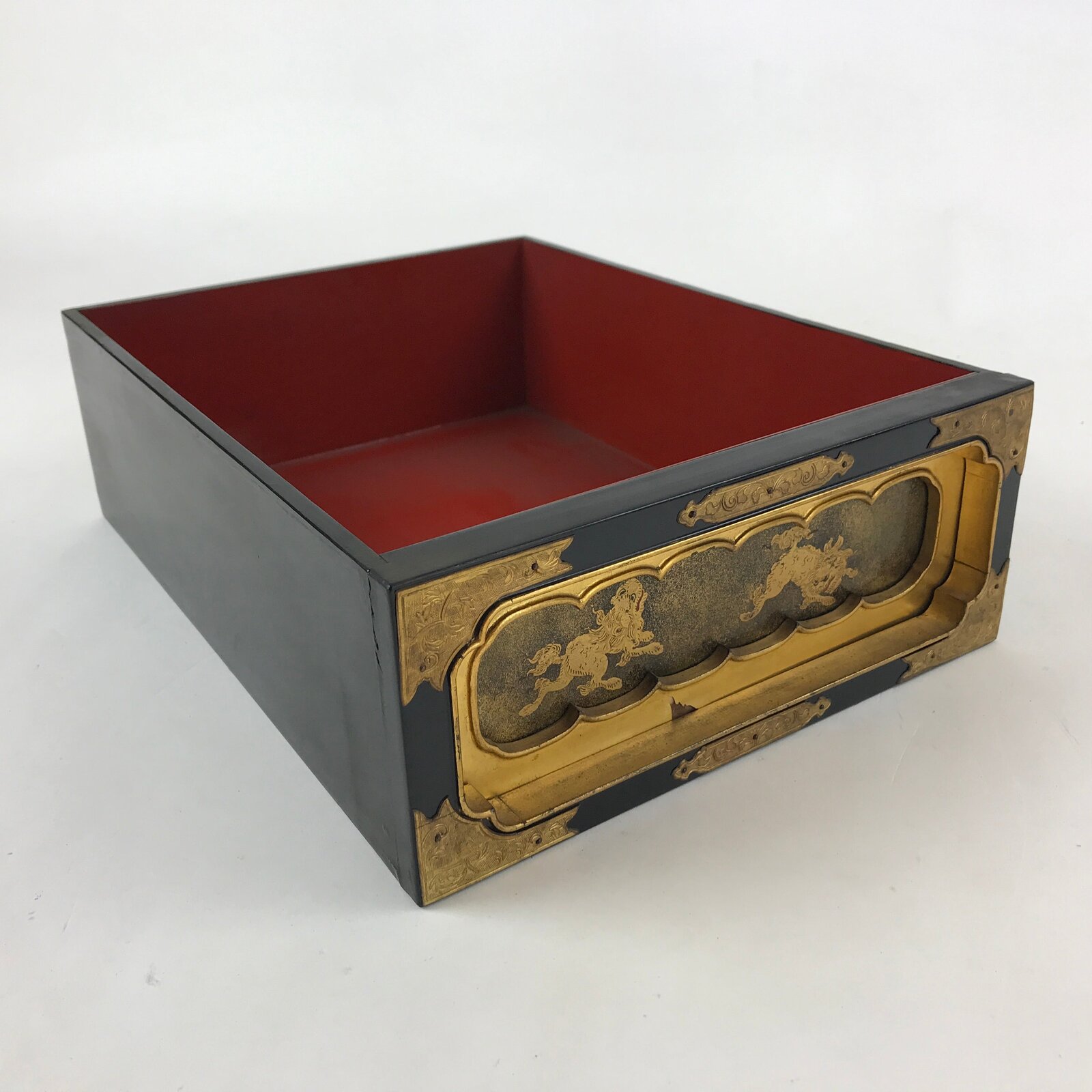 Japanese Buddhist Altar Lacquered Drawer Vtg Gilt Makie Shishi Lion Gold BA130