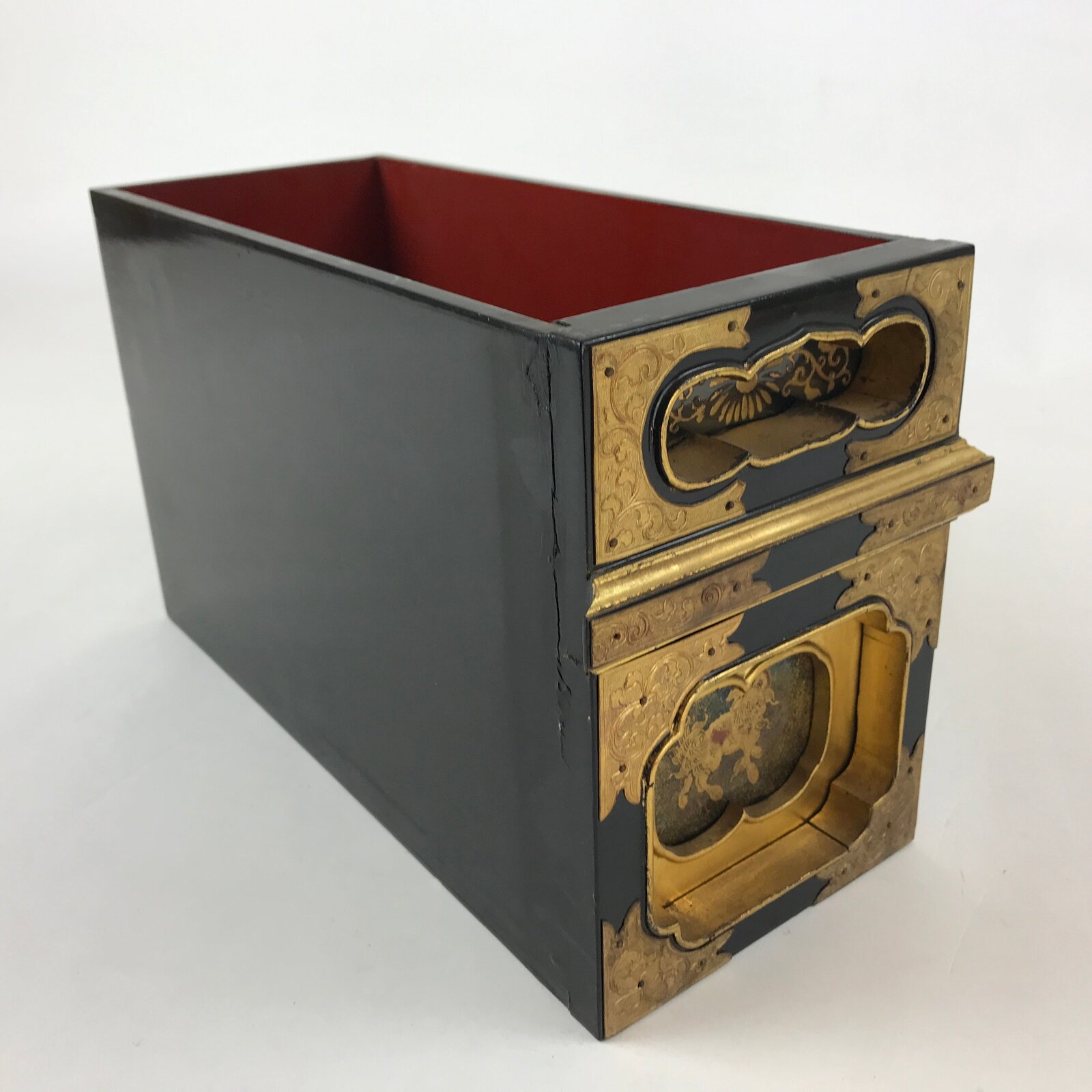 Japanese Buddhist Altar Lacquered Drawer Vtg Gilt Makie Shishi Lion Gold BA132