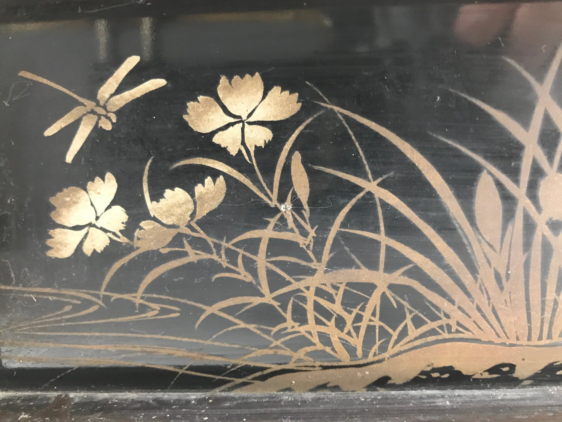 Japanese Buddhist Altar Lacquered Drawer Vtg Gold Makie Iris Carnation BA501