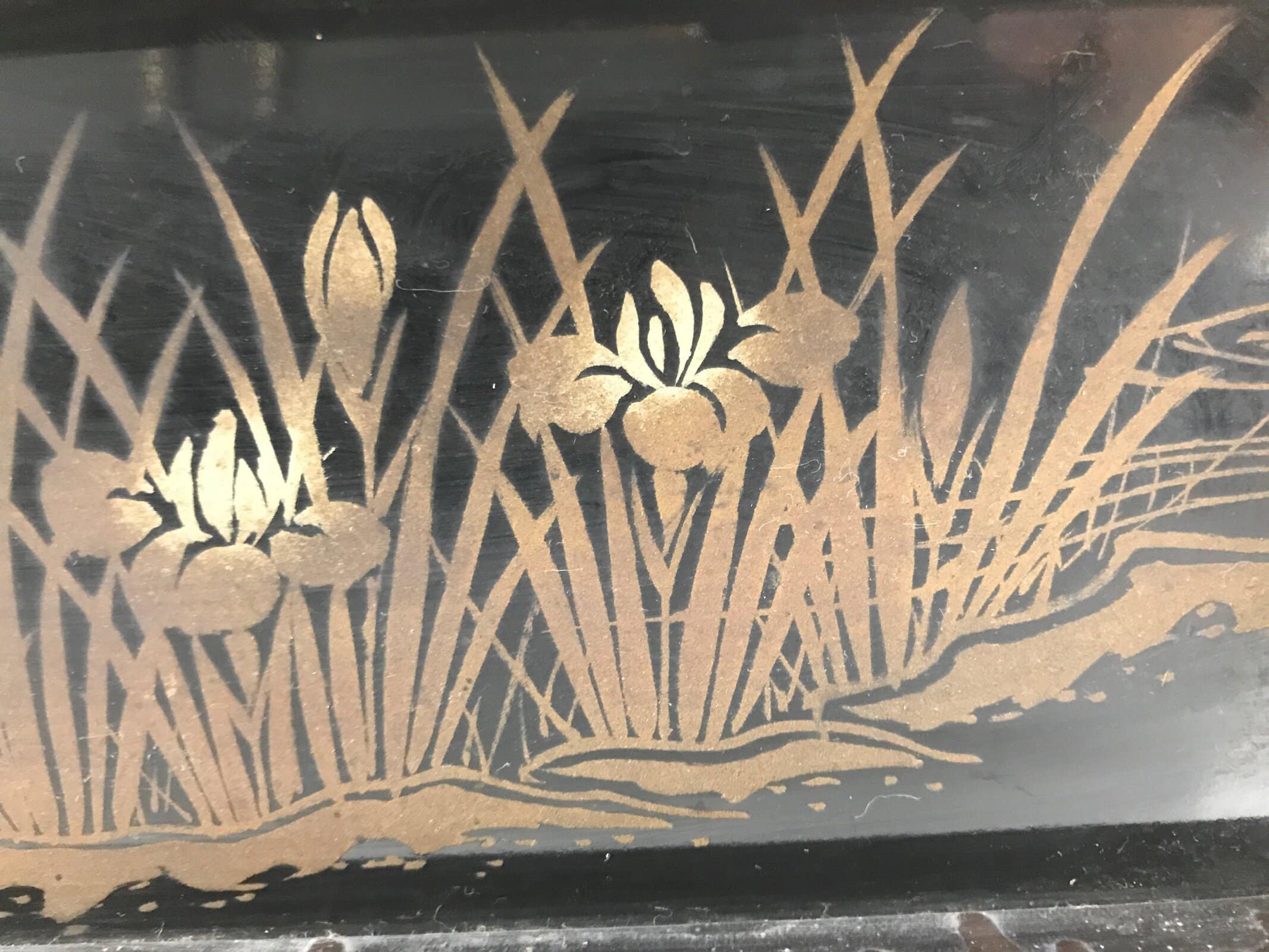 Japanese Buddhist Altar Lacquered Drawer Vtg Gold Makie Iris Carnation BA501