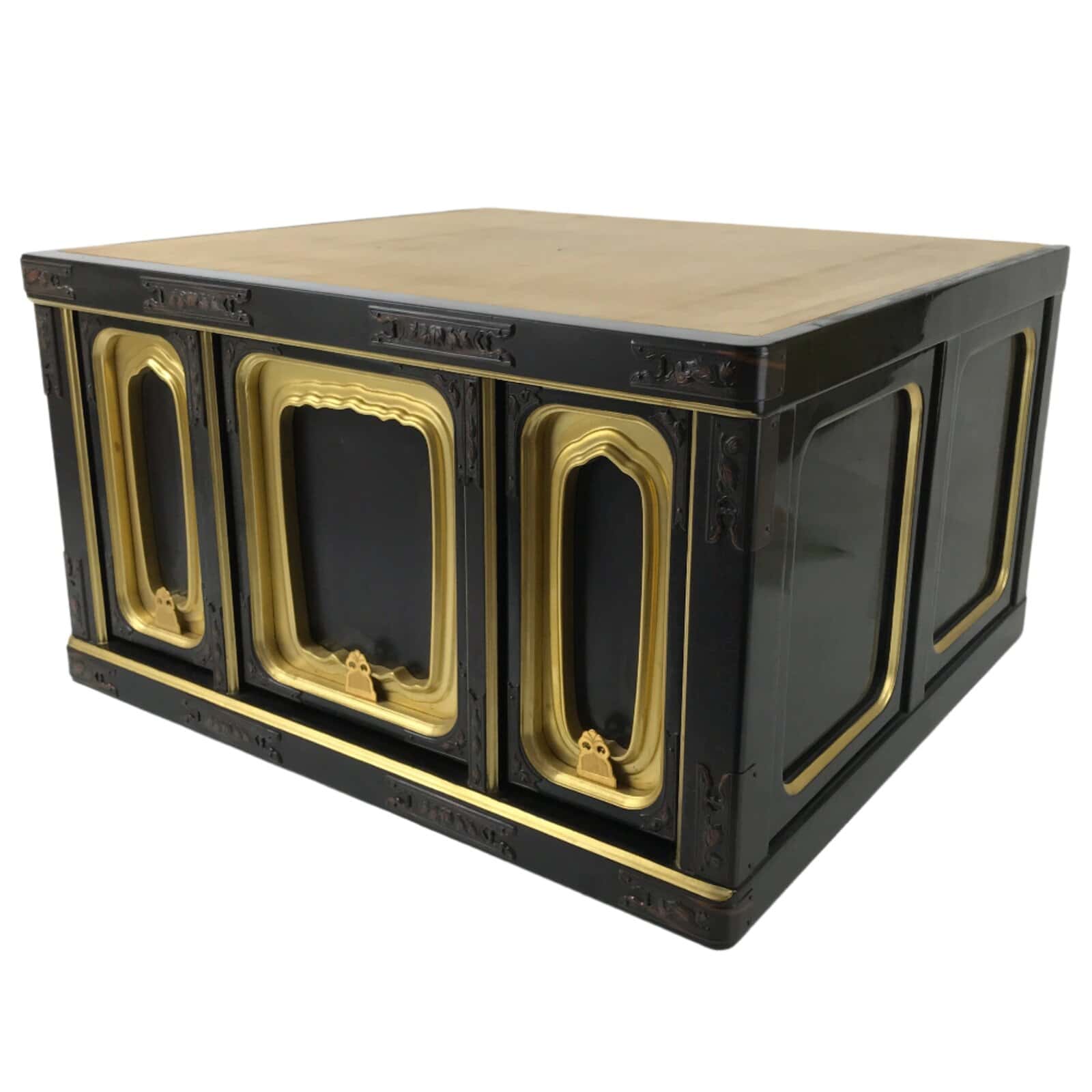 Japanese Buddhist Altar Lacquered Wood Base Piece Black Gold Makie Drawers BA585