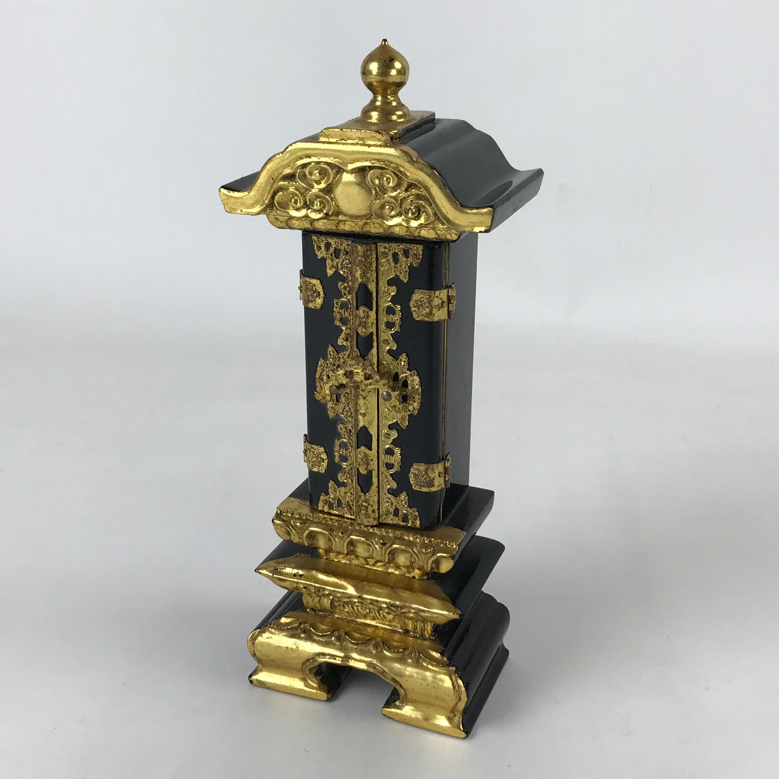 Japanese Buddhist Altar Mortuary Tablet Vtg Gold Black Wood Lacquer Ihai BA187