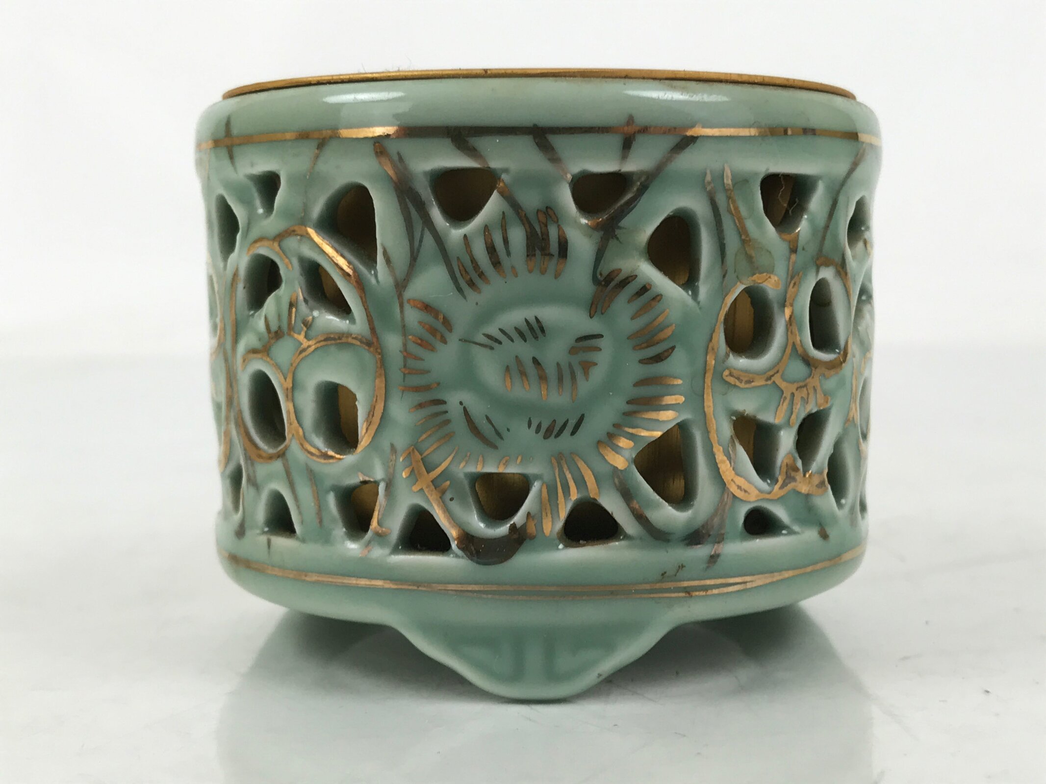 Japanese Buddhist Altar Porcelain Incense Burner Koro Vtg Celadon Blue BA666