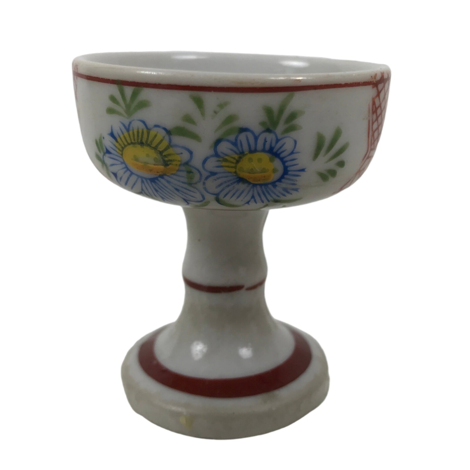 Japanese Buddhist Altar Porcelain Rice Offering Cup Vtg Blue Chrysanthemum BA720