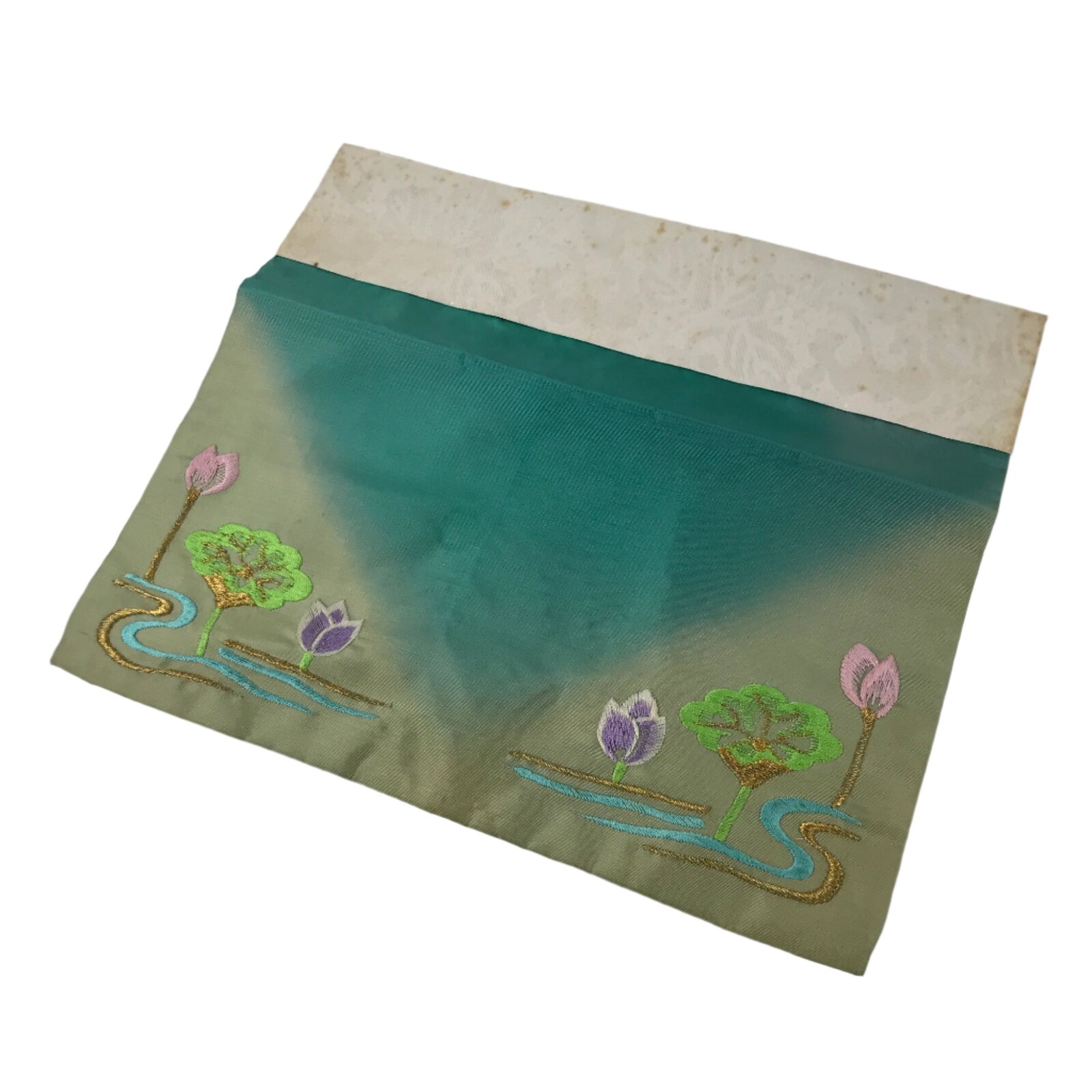 Japanese Buddhist Altar Silk Table Cloth Uchishiki Vtg Lotus Pond Blue Pink UC23