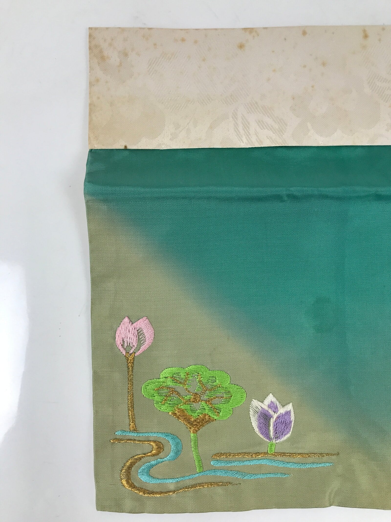 Japanese Buddhist Altar Silk Table Cloth Uchishiki Vtg Lotus Pond Blue Pink UC23