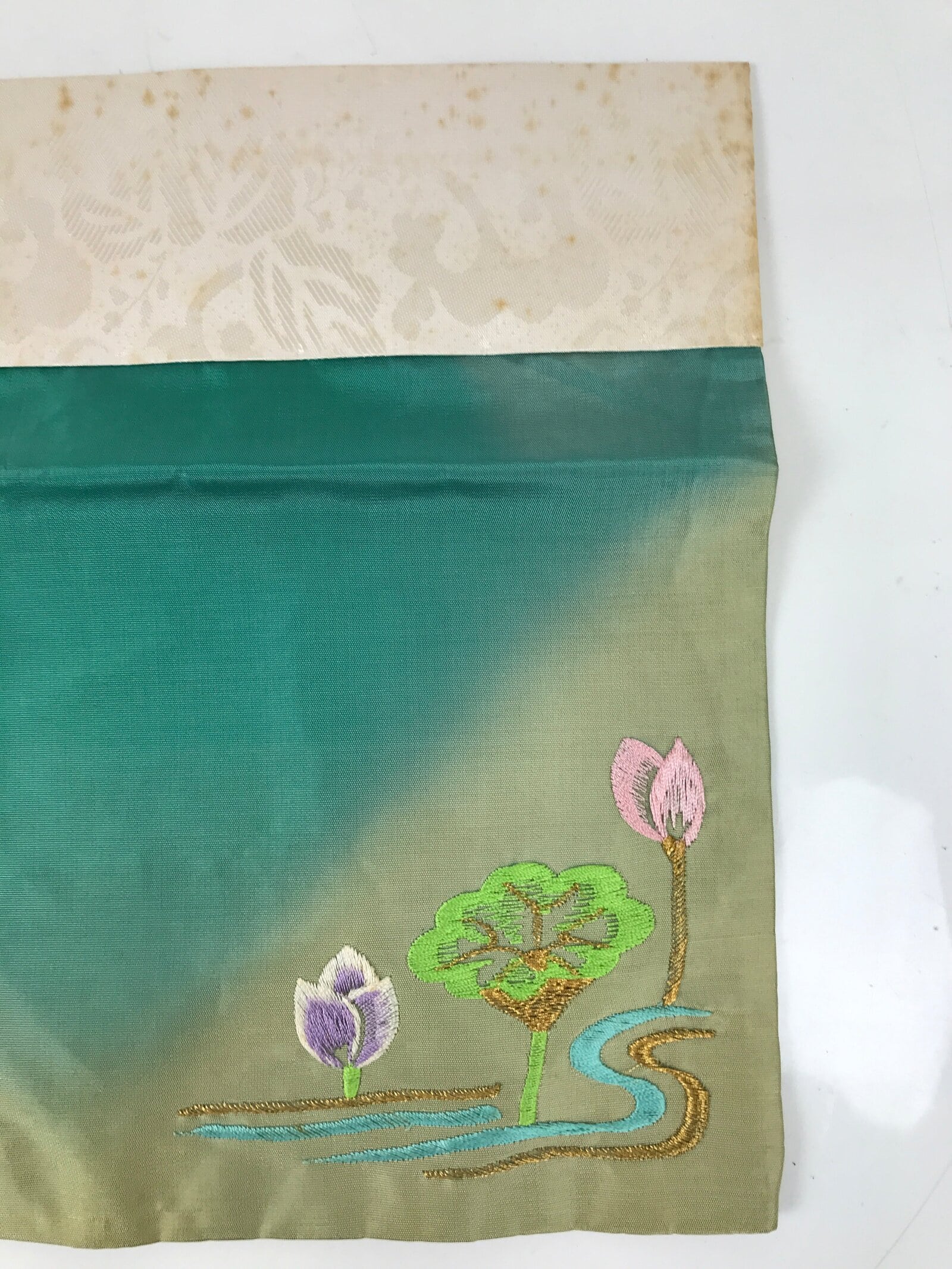 Japanese Buddhist Altar Silk Table Cloth Uchishiki Vtg Lotus Pond Blue Pink UC23